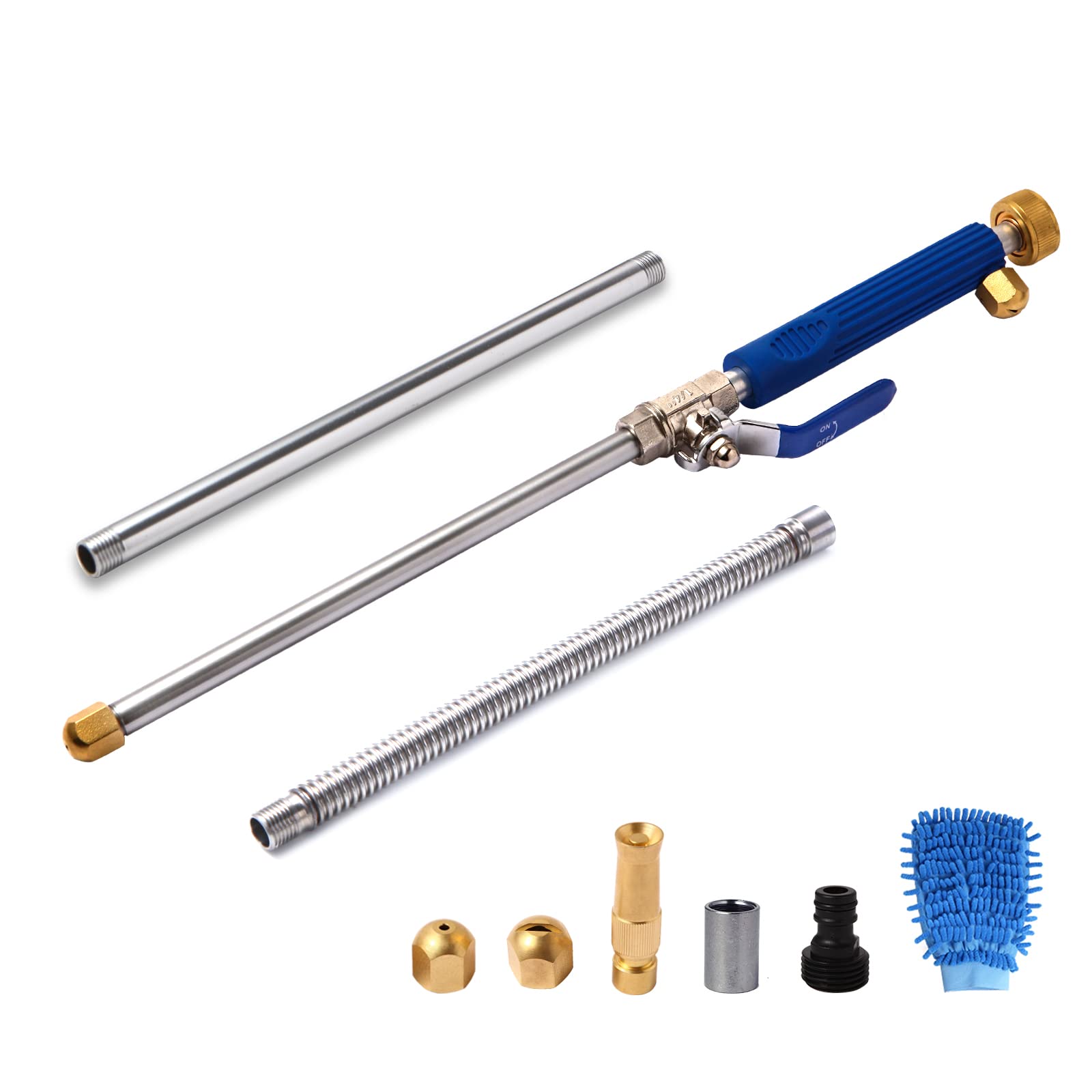 High Pressure Power Washer Wand, Hydro Jet Water Wand Pressure Sprayer,Flexible Garden Watering Wand with 3 Hose Nozzle Universal Hose End for Car Pet Window Patio Gutter Cleaning Tool Blue