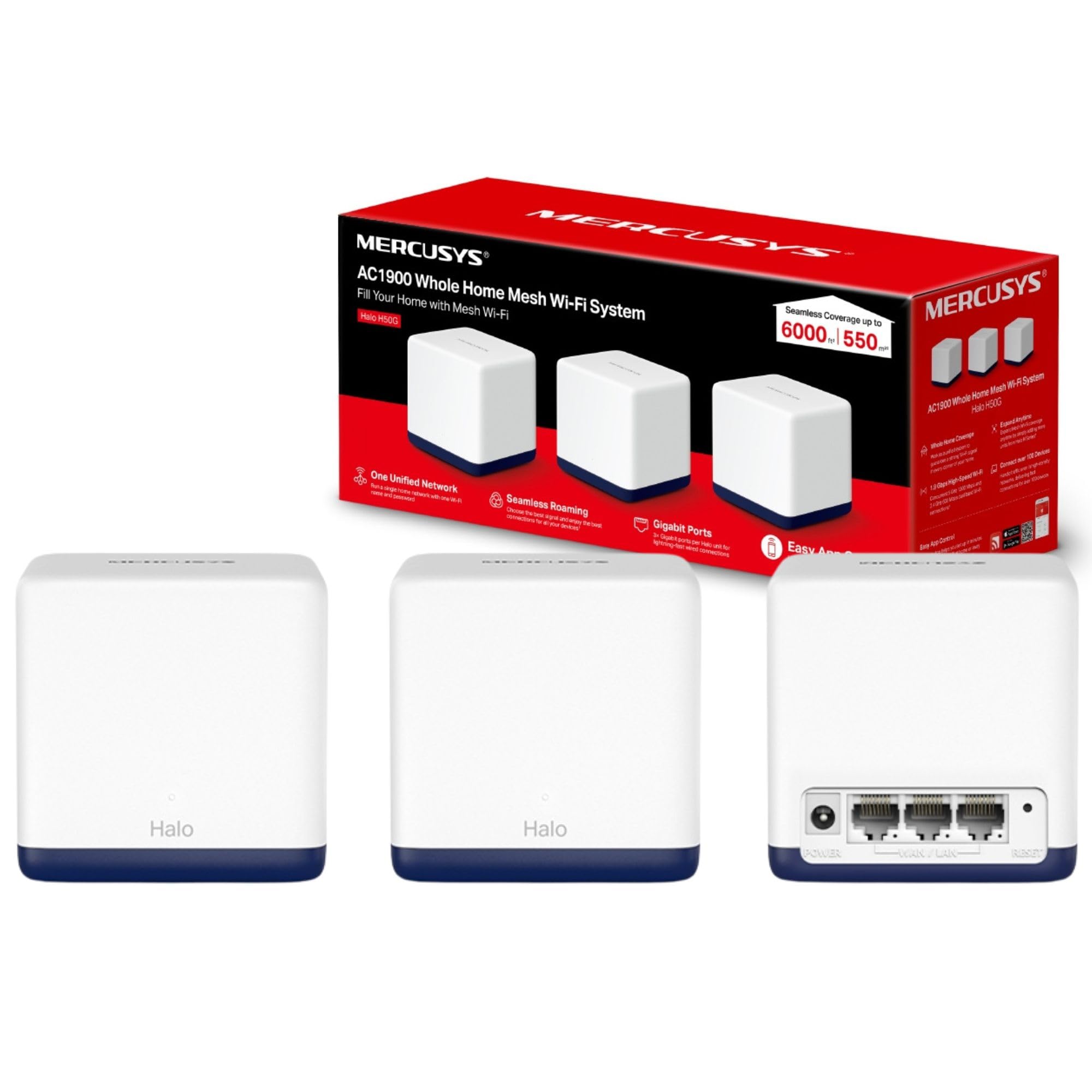 Mercusys AC1900 Mesh WiFi, Whole Home Mesh WiFi Extender Booster Covers up to 6,000 ft² (550 m²), Connect over 100 Devices, Dual Band Wi-Fi, Easy App Control, Halo H50G(3-pack) (Packaging may vary)