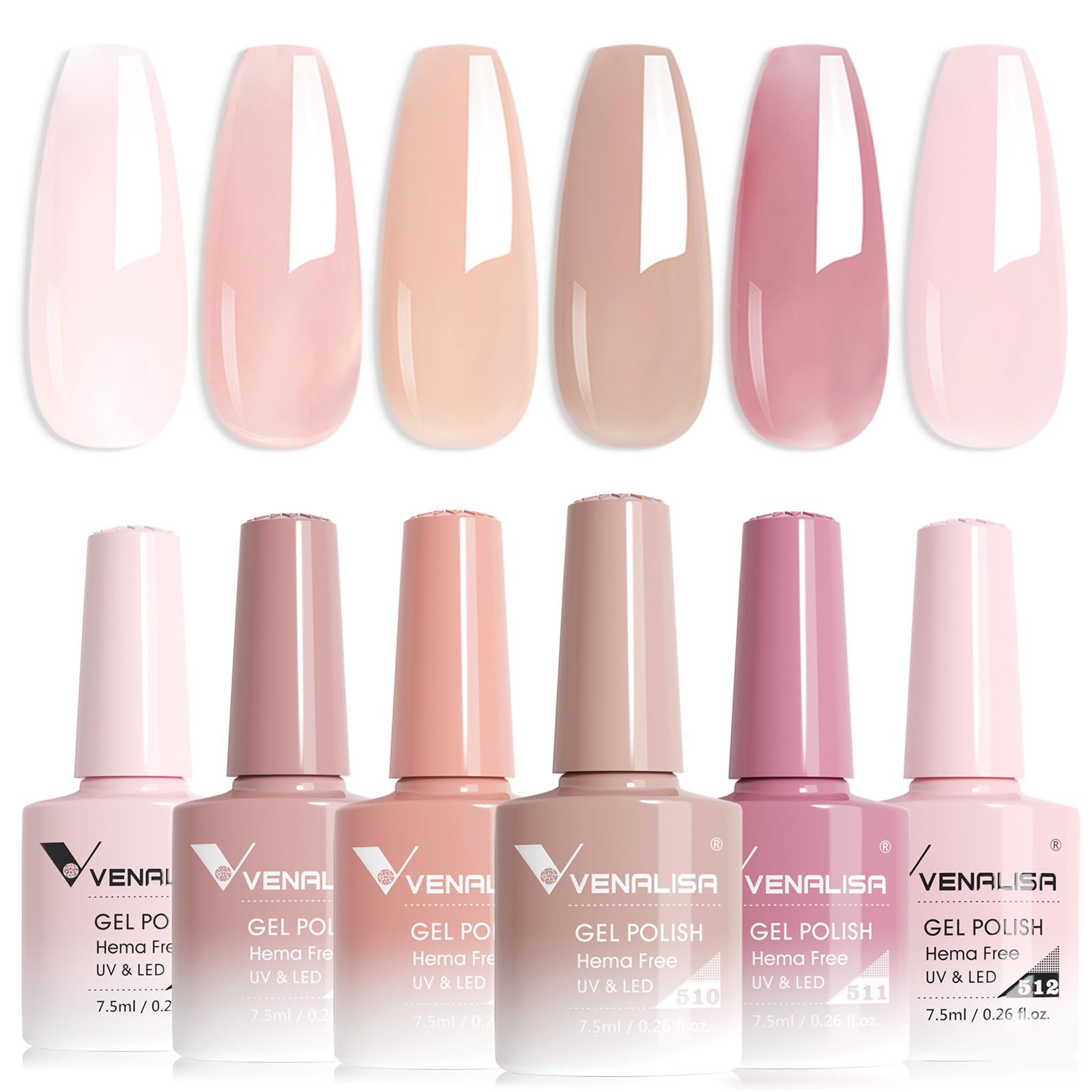 V VENALISA Jelly Gel Nail Polish Set of 6 Colors For French Nails Sheer Nude Pink Gel Polish Kit Neutral Skin Tone Transparent UV LED Soak Off Salon Nail Art DIY at Home Manicure