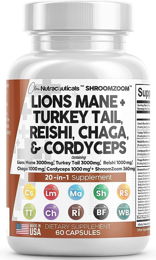 Lions Mane 3000mg 20in1 Mushroom Supplement with Turkey Tail 2000mg Reishi 1000mg Cordyceps Chaga 1000mg Maitake Meshima Poria Cocos Shiitake Oyster Porcini Enoki 60 Count