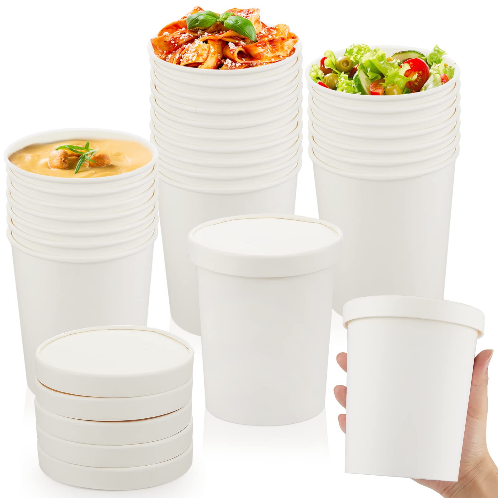 Sabary 50 Pack 32 oz Paper Soup Containers with Lid Disposable Kraft Soup Food Bowl Microwavable Food Storage Ice Cream Containers Nice for Restaurants (White)