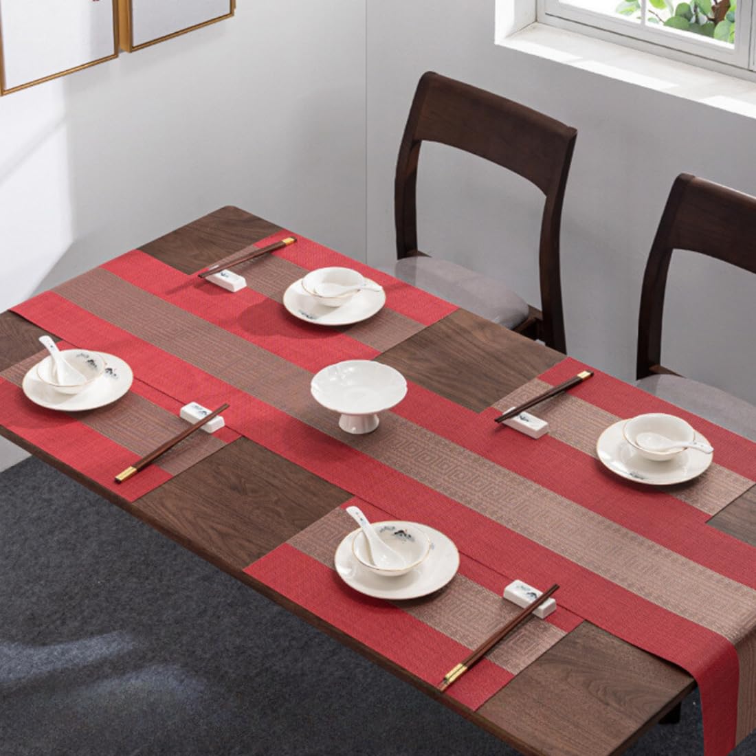 Tabletext Placemats with Matching Table Runner,Heat Insulation Vinyl Cross-Weave Washable Table Mats, Placemats for Dining Table (Red, 4 Placenat+Runner180cm)