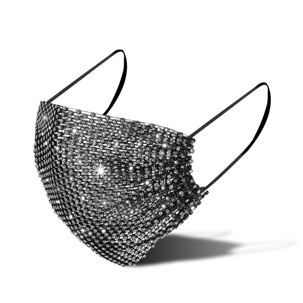 MsAnyaSparkly Rhinestone Mesh Face Mask Covering Halloween Glitter Face Masks Fashion Costume Crystal Party Nightclub for Women (bk cotton white Rhinestone)