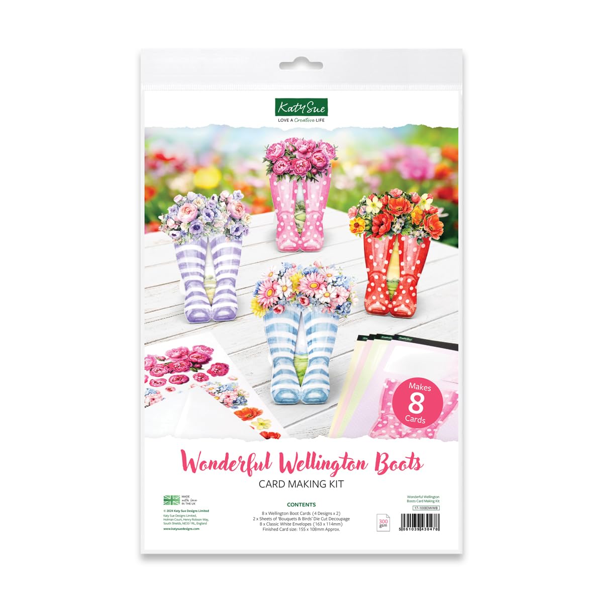 Katy Sue Wonderful Wellington Boots (Rubber Boots) Card Making Kit - Contains 8 Shaped Cards, 2 Sheets of Die Cut Decoupage, 8 Envelopes & Instructions