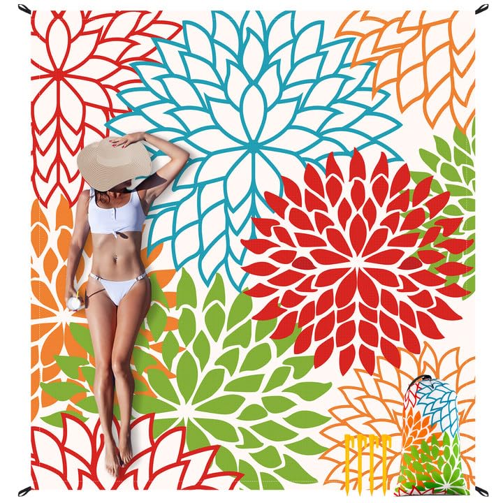 9 ft×10 ft Large Beach Blanket Waterproof Sandproof, Picnic Blankets for 4 Adults with Stakes and Sand Pocket, Lightweight Beach Mat Vacation Essentials Accessories Must Haves-Colorful Blossoms