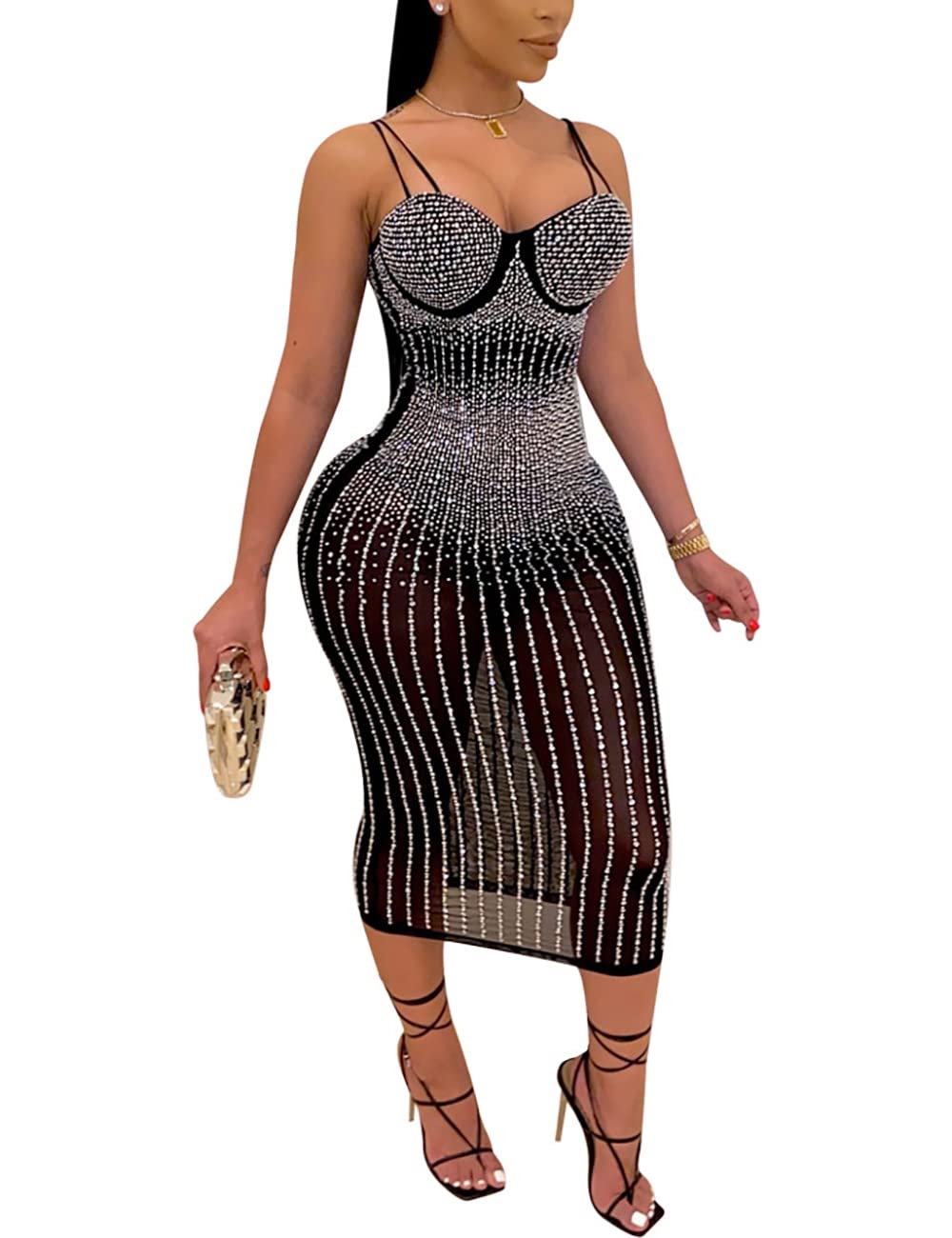 LradyWomen Sexy Spaghetti Strap Glitter Hot Drilling See Through Sheer Mesh Bodycon Bodysuit Party Midi Dress Clubwear