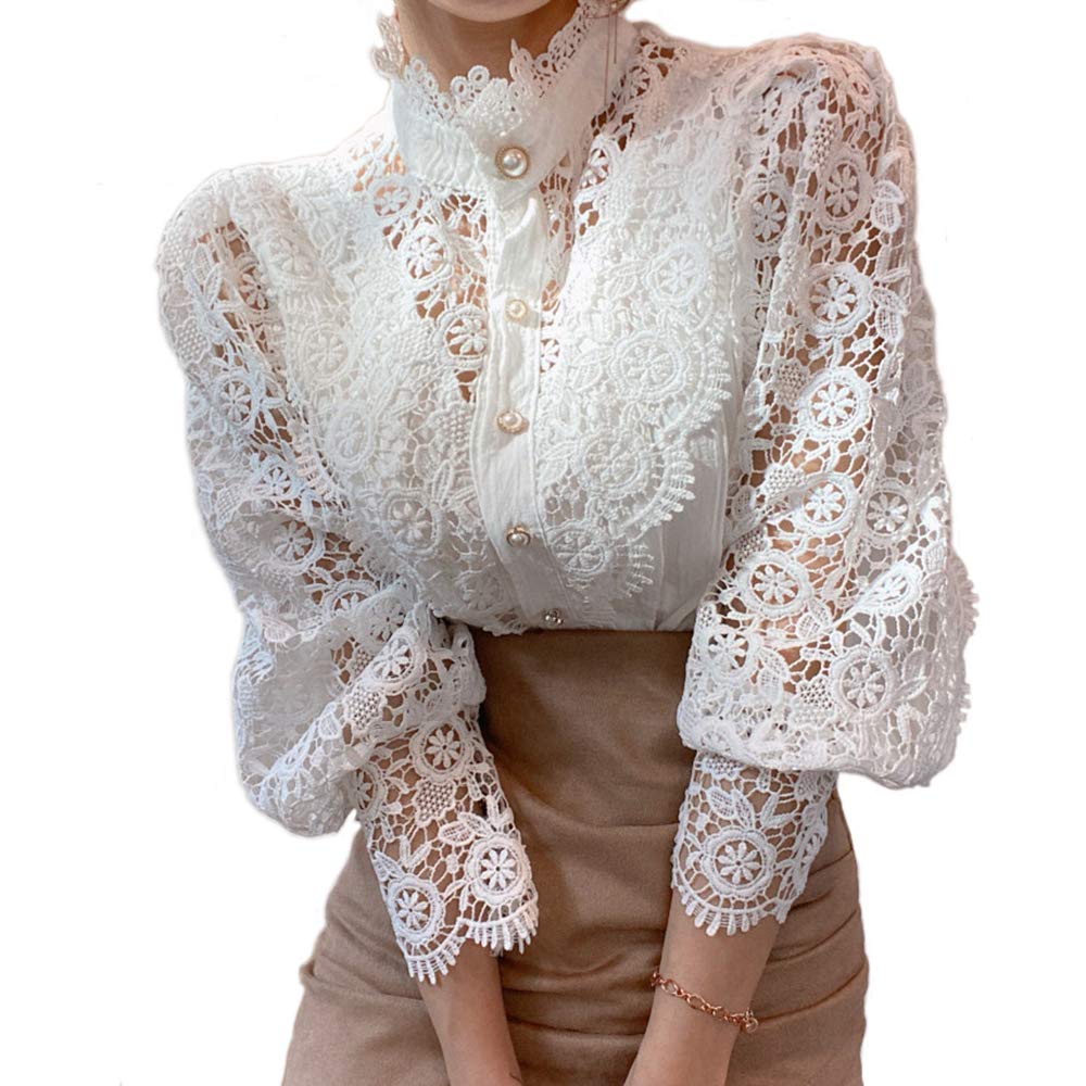 guyueqiqinWomen’s Stand Collar Lace Patchwork Shirts Casual Hollow Out Flower Petal Sleeve Button Tops