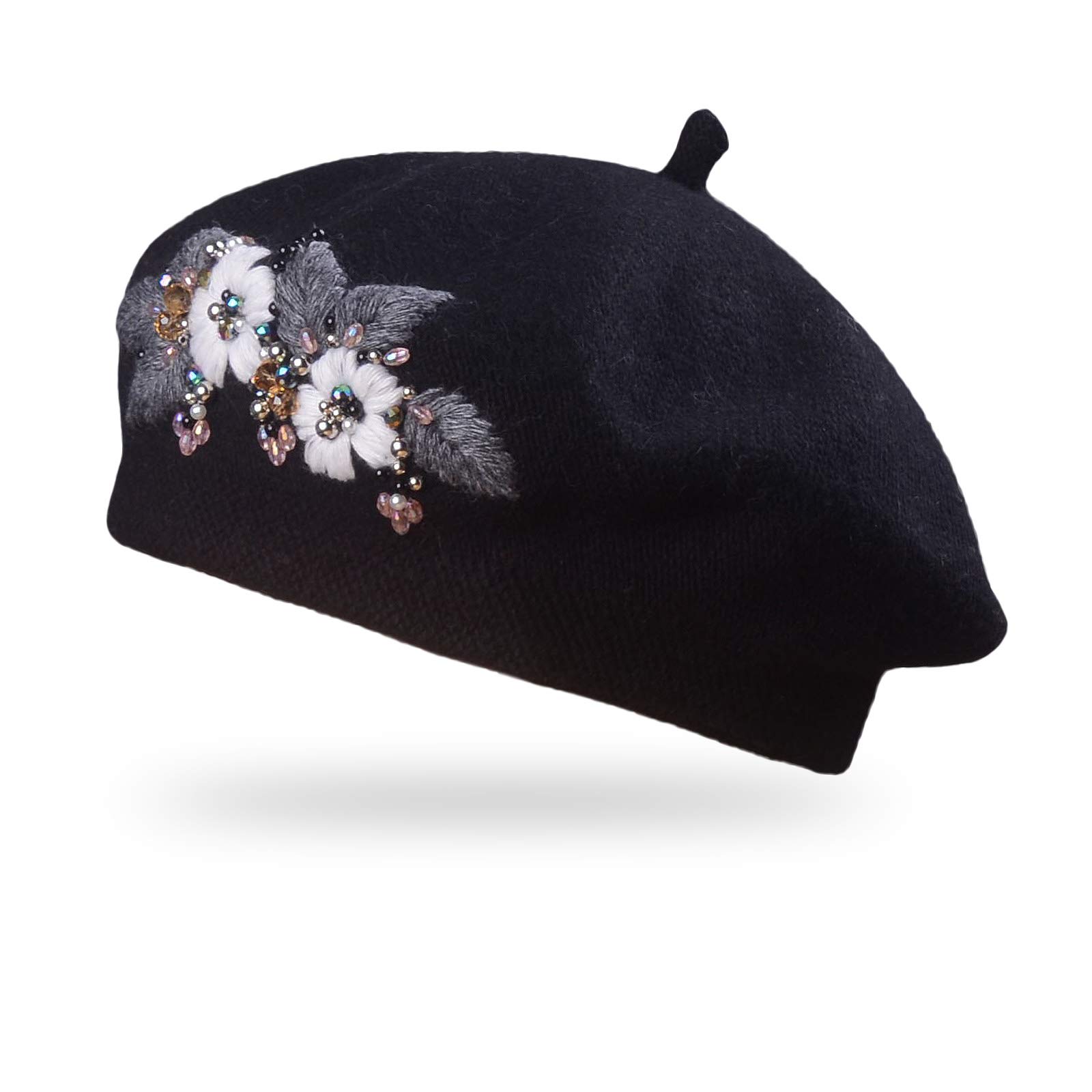 Beret Hats for Women French Artist hat Fashion Ladies Winter Beanie Embroidered Handmade Flower with Colorful Crystal