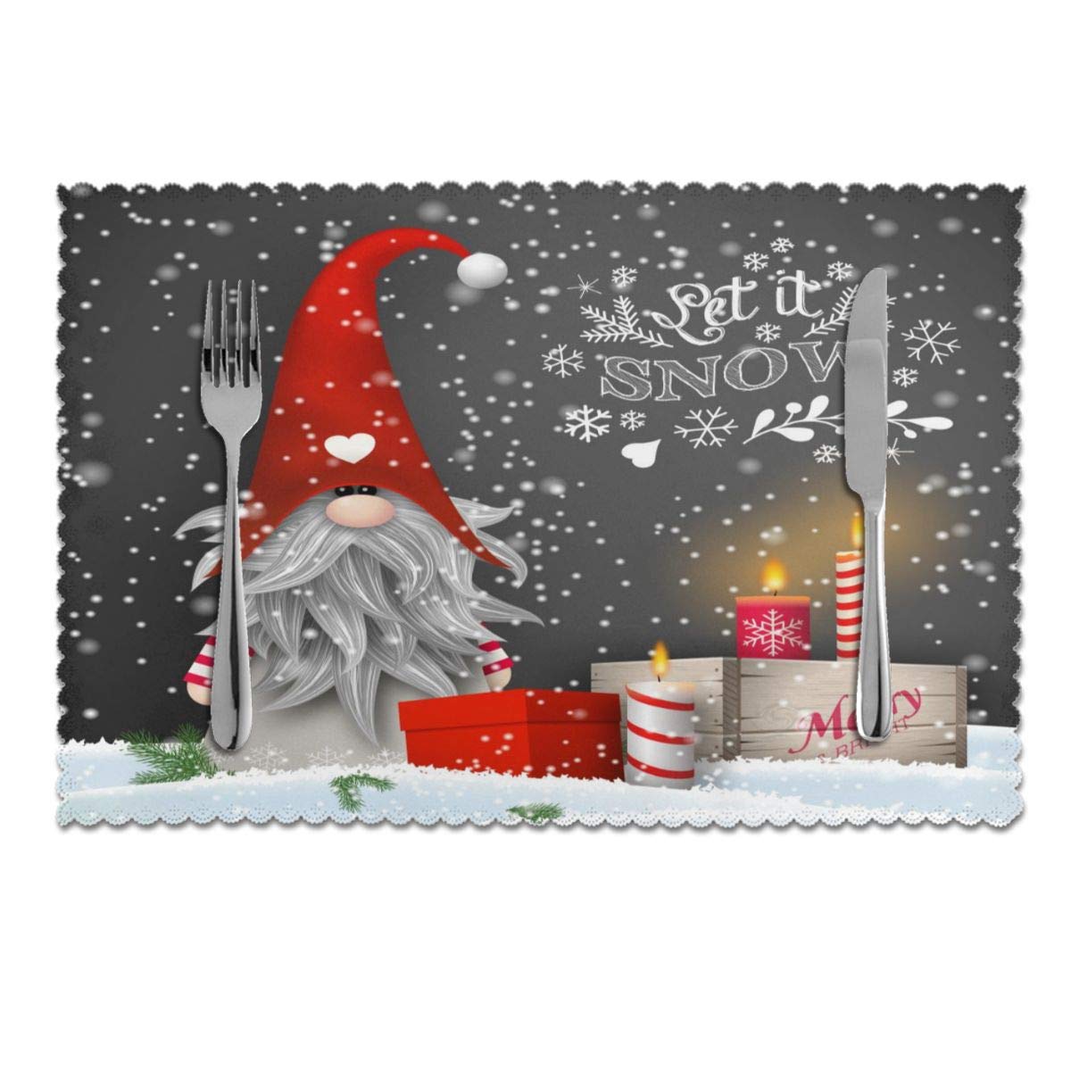 Merry Christmas Gnome Winter Snowflakes Placemats Set of 4, Non Slip Heat-Resistant Washable Table Place Mats for Kitchen Dining Home Decoration, 12 X 18 Inch