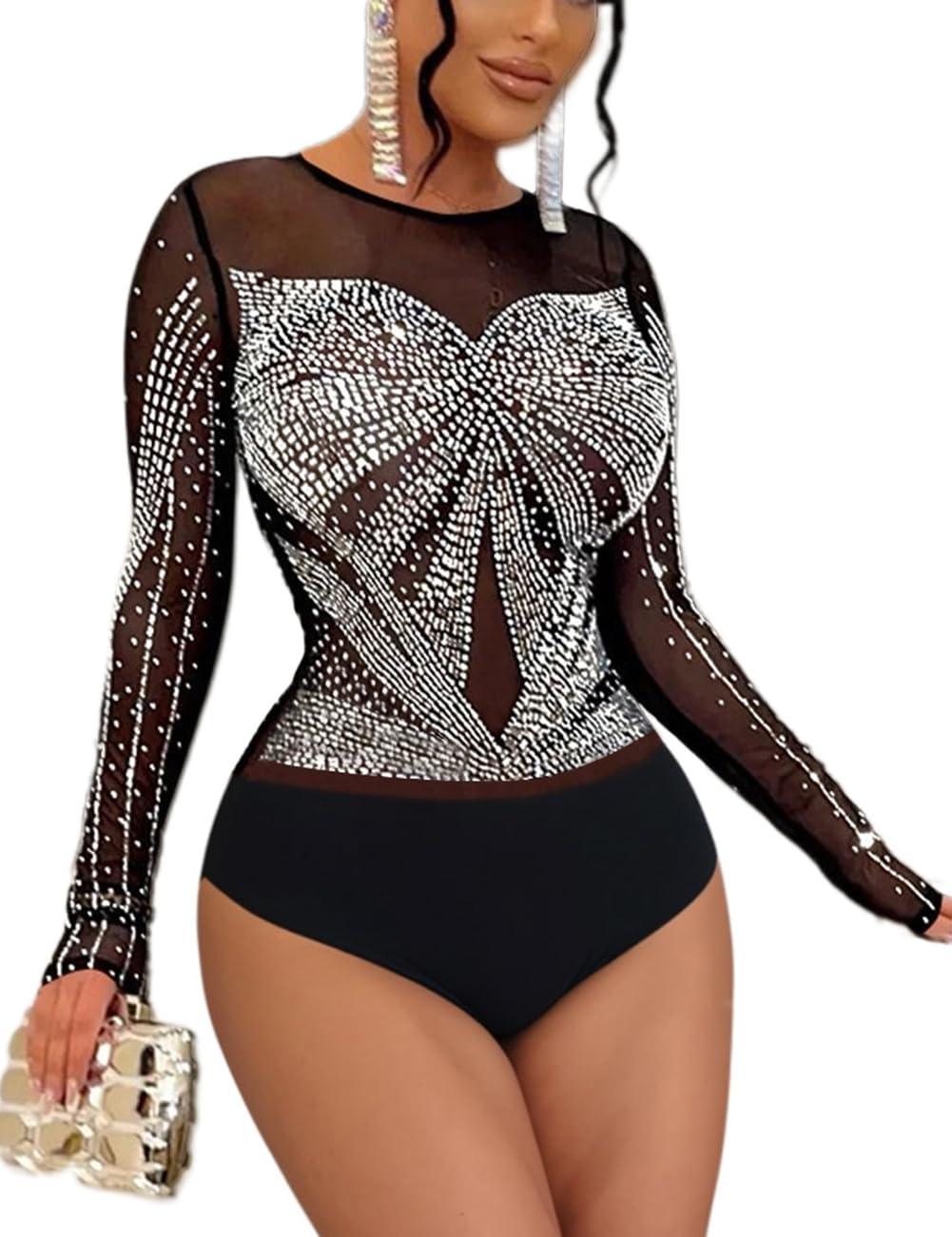 LradyBody Suits Women Clothing Rhinestone Bodysuit Sheer Mesh Shirts Black XXL