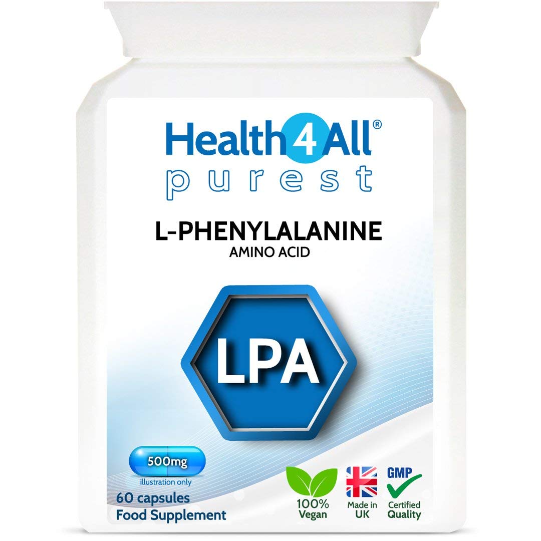 L-Phenylalanine 500mg 60 Capsules (V) .(not Tablets) Purest- no additives for Mood, Memory, Attention and Thyroid. Vegan Natural L- Form. Made in The UK by Health4All