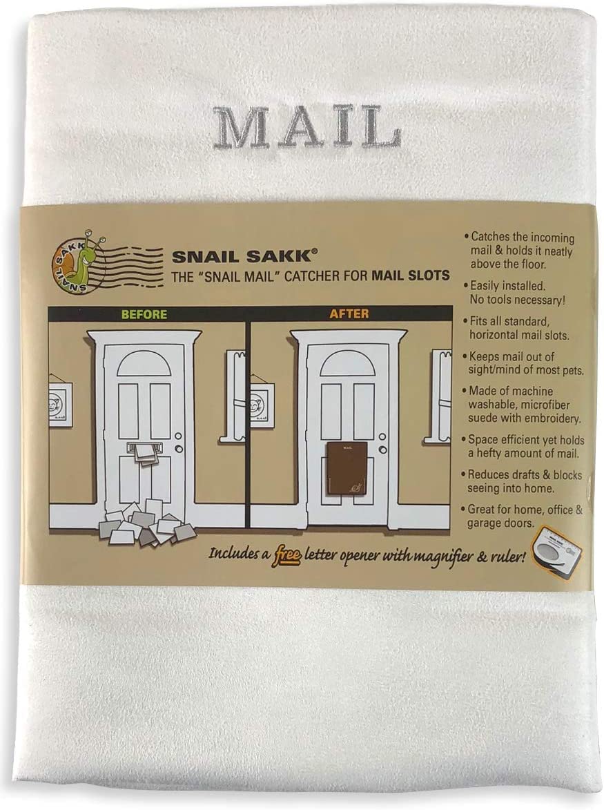 SNAIL SAKK: Mail Catcher for Mail Slots - White with Clear Window! No More Mail on The Floor. No Screws or Tools Needed. Draft reducing and Much More. Use on Home, Office and Garage Doors.