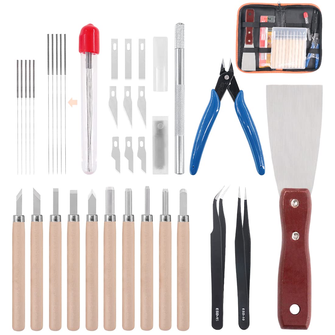 34 Piece 3D Printer Accessories Tool Kit Cleaning Needles, Tweezers, Pliers, Scarper, Clean up Knives, Carving Knife Come with Storage Case for Printing Removing, Cleaning, Finishing