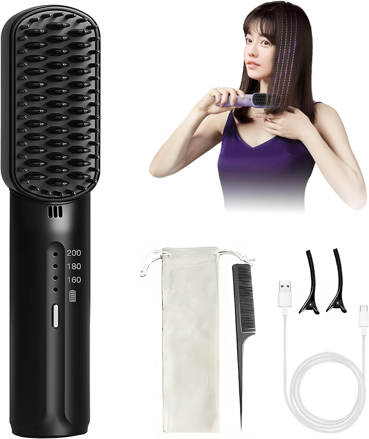 OBABO [Upgrade] Portable Cordless Mini Hair Straightening Comb, 2024 New Hair Straightener Brush with Ion, USB Rechargeable Travel Hair Straightener, Anti-Scald Mini Hot Comb (Black)