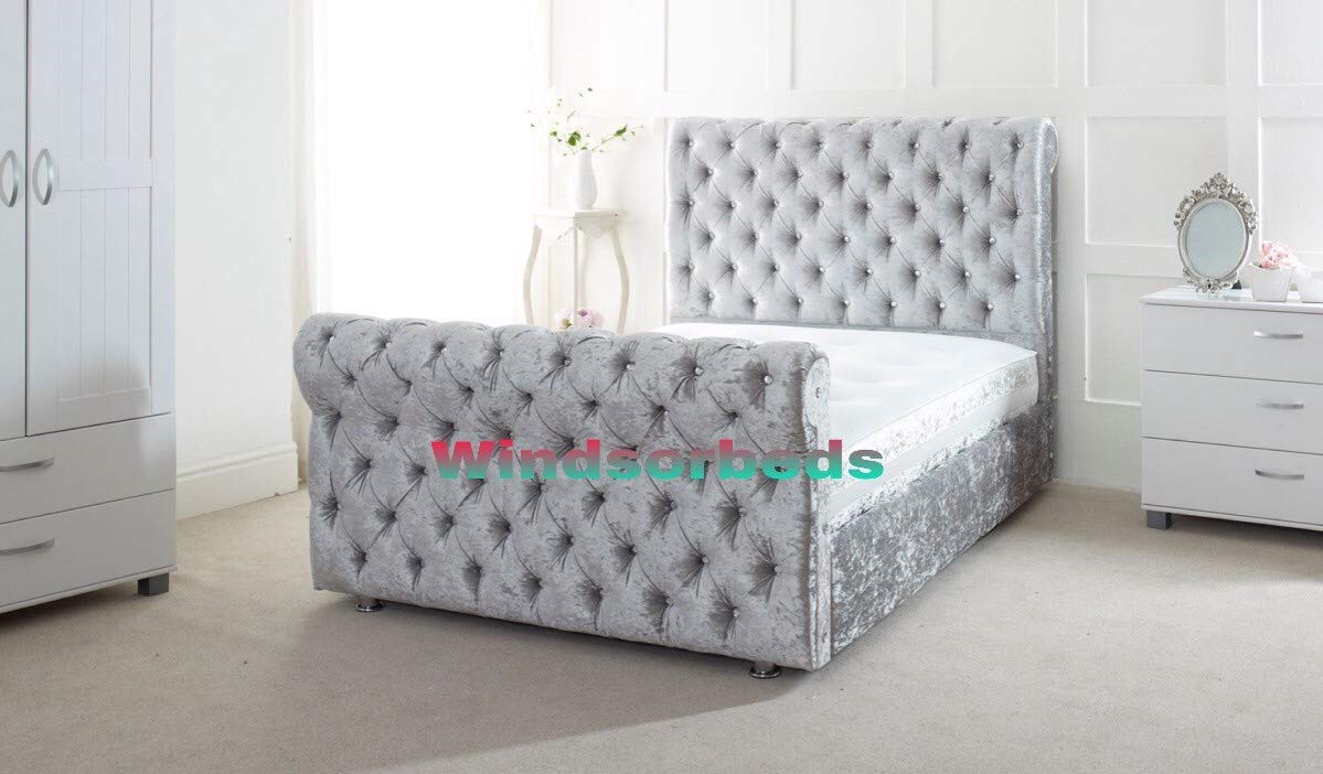 New Oxford Chesterfield Design CRUSHED VELVET Bed Frame 3FT,4FT6, 5FT, 6FT (Grey, 6FT Super King)