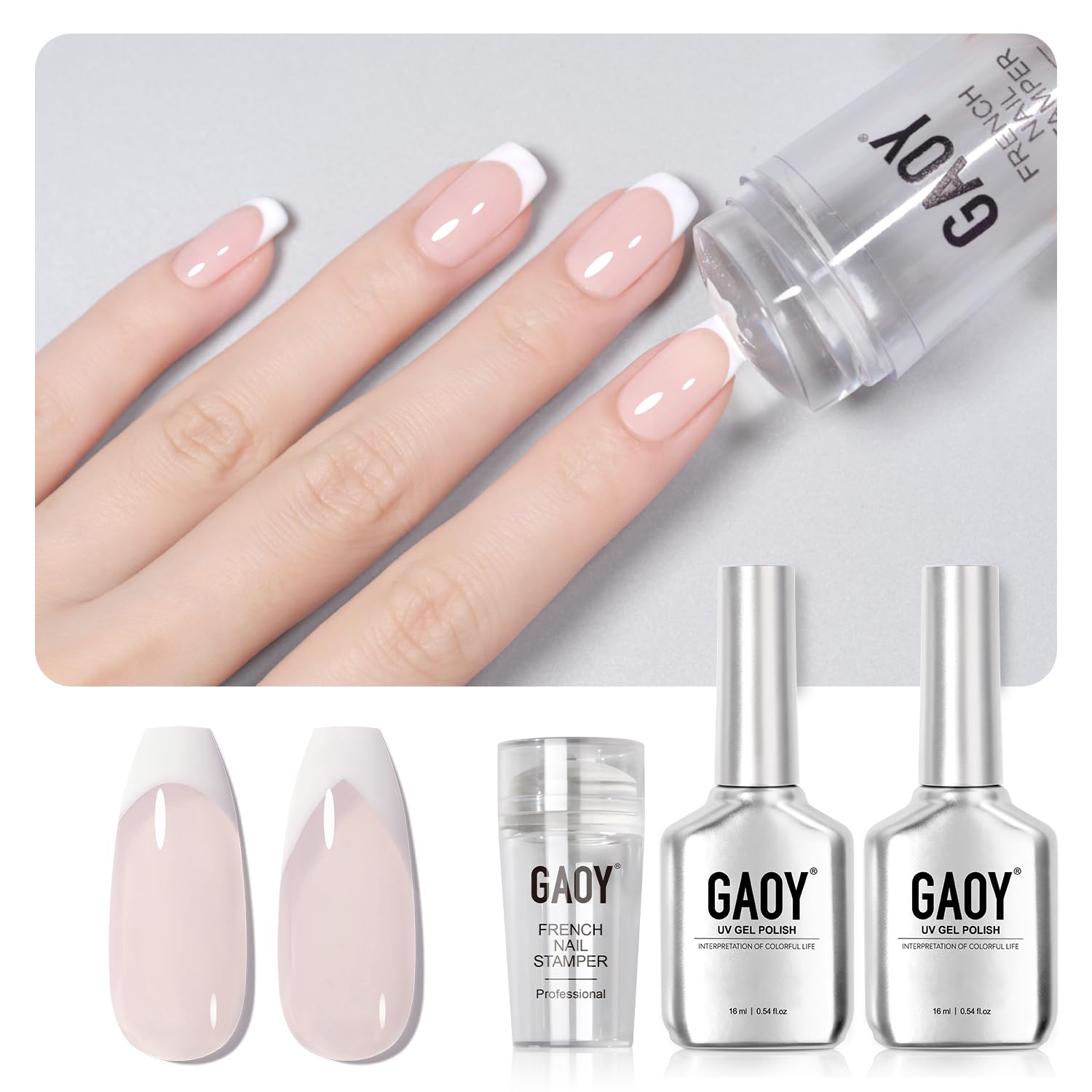 GAOY French Manicure Kit, Nail Stamper and 2Pcs Gel Nail Polish, Include Nude Jelly Milky Pink White Colors for French Tip, UV Light Cure