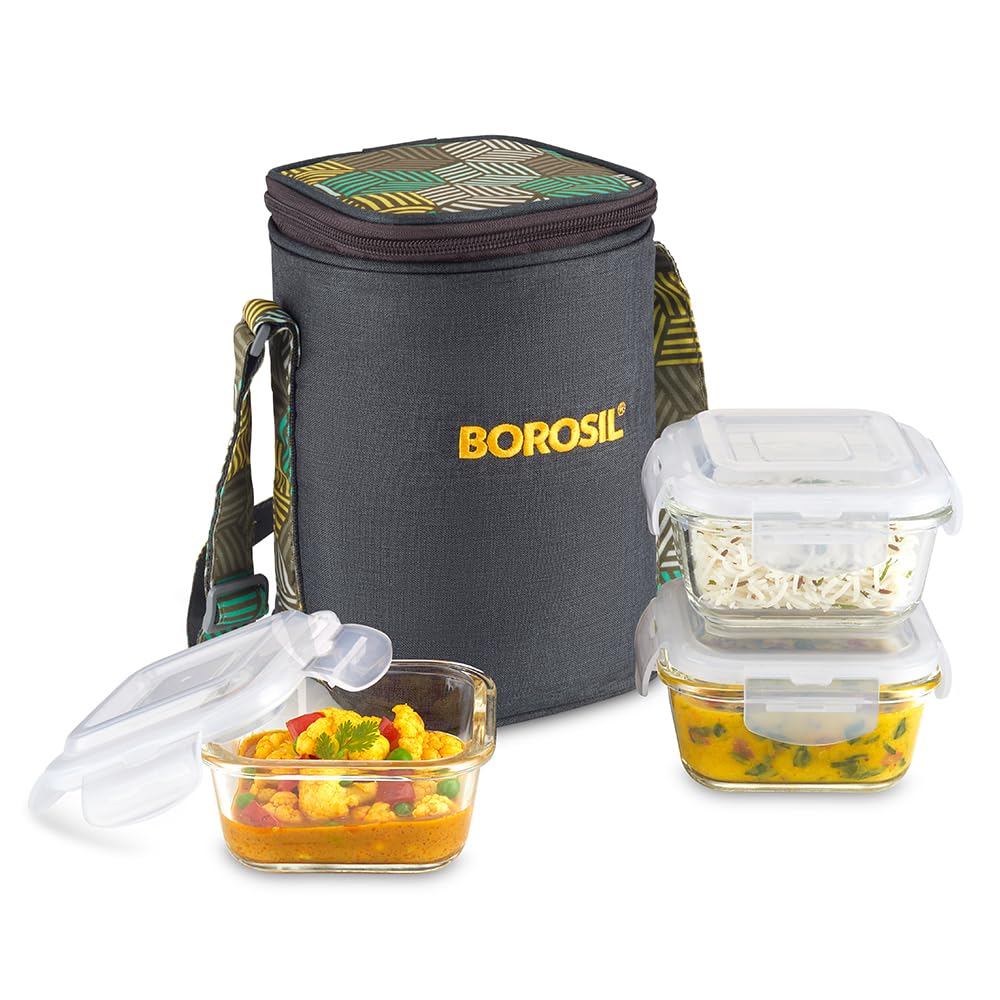 Borosil Foodluck Olive Lunchbox with Bag | 3 pc Borosilicate Glass Square Container Set (320 ml Each) | Microwave & Dishwasher Safe, Leak Proof | Tiffin for Office, School, College | Green