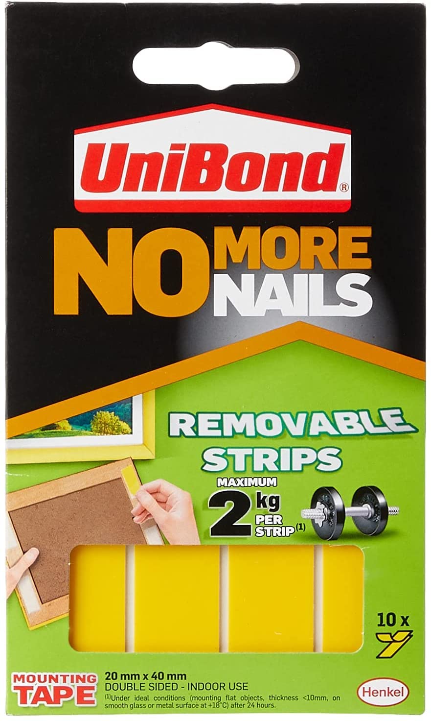 UnibondNo More Nails Removable Picture Hanging Strips, Adhesive Strips for Fast, Easy Mounting, Double Sided Sticky Tape for Interior Use, Translucent Tape, Pack of 10, Yellow