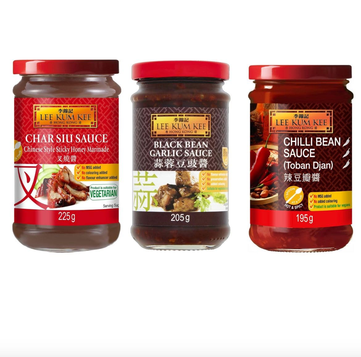 Black Bean Garlic Sauce, 205g + Chilli Bean Cooking Sauce, 195g + Char Siu Sauce, 225g bundle