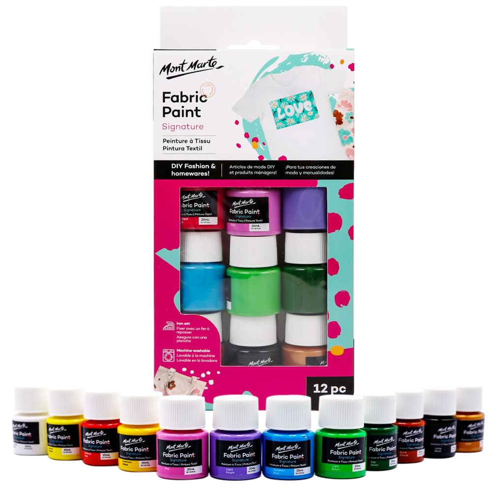 MONT MARTE Signature Fabric Paint, 12pc x 20ml (0.7oz), Suitable for DIY Fashion and Homewares