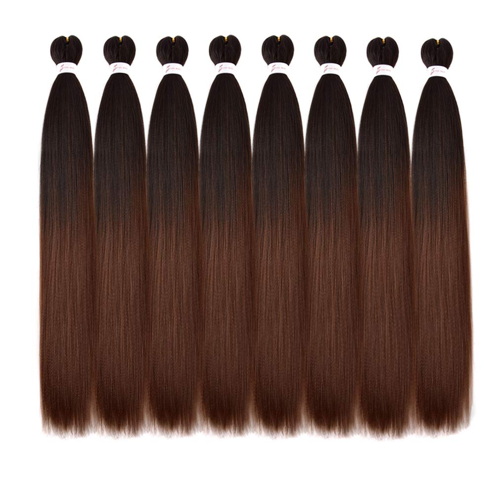 Ombre Pre-stretched Braiding Hair Extensions 24 Inch Pre stretched Braids Hair Itch Free Hot Water Setting Yaki Straight Synthetic Fibers Easy Braid Hair 8 Packs #T1B/30(Black to Light Auburn)