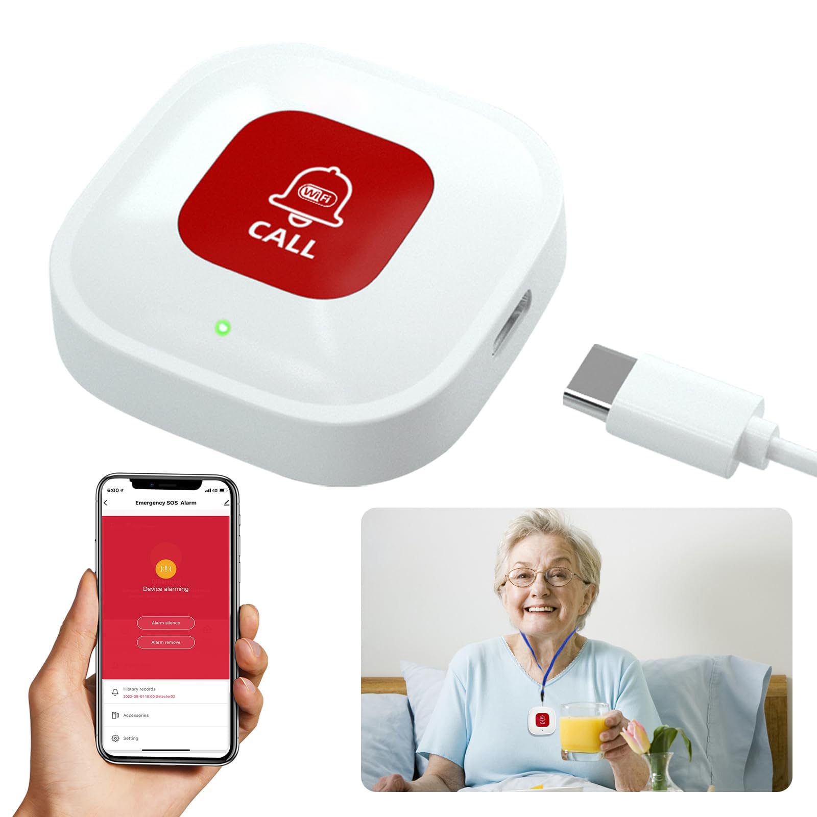 NALACAL WiFi Tuya SOS Smart Call Button, Rechargeable Wireless Caregiver Pager Alert System, Emergency Button for Elderly, Patients, Seniors, Disabled (Supports 2.4GHz Wi-Fi)