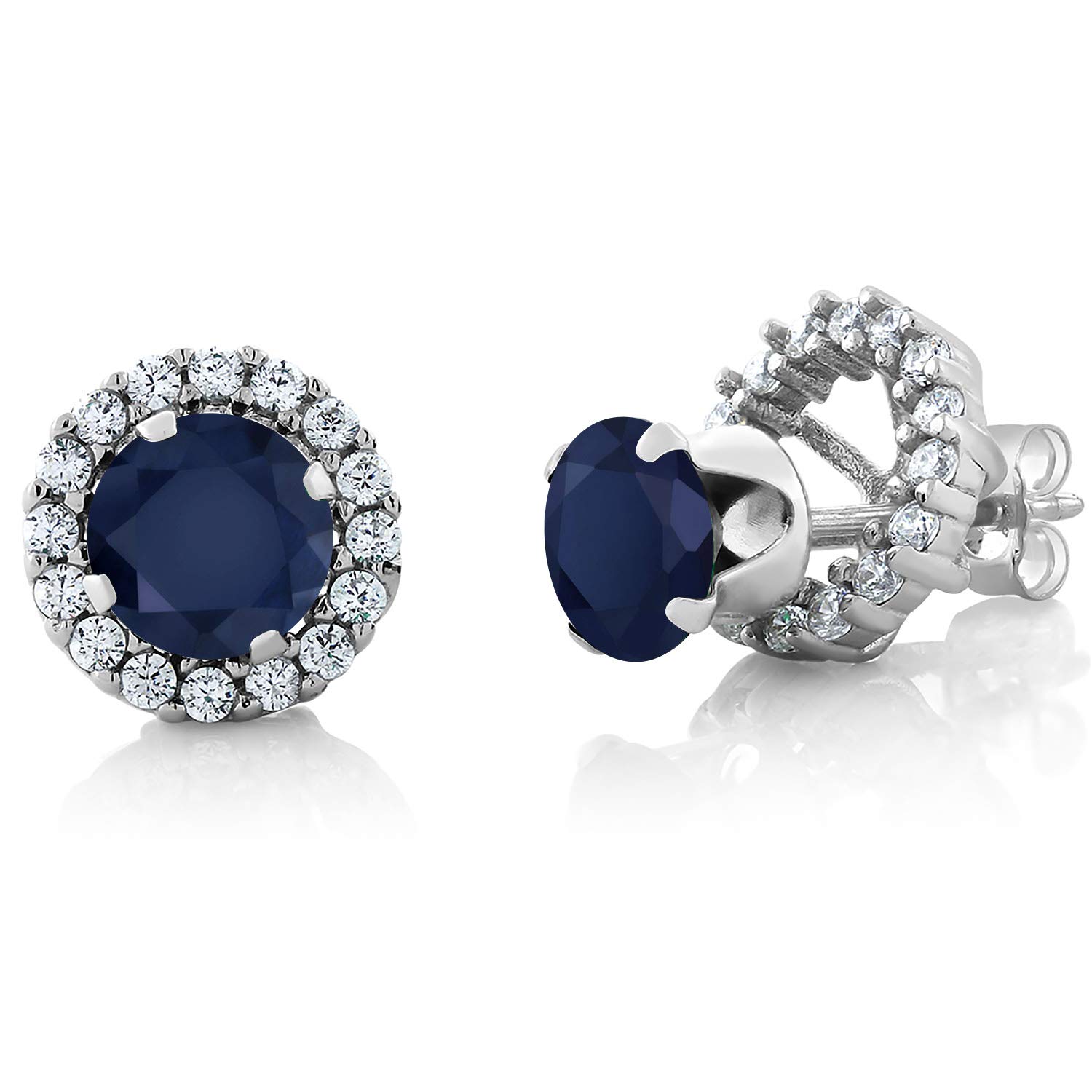 Gem Stone King925 Sterling Silver Blue Sapphire Removable Jacket Stud Halo Earrings For Women (2.20 Cttw, Gemstone Birthstone, Round Cut 6MM), metal,gemstone, Sapphire