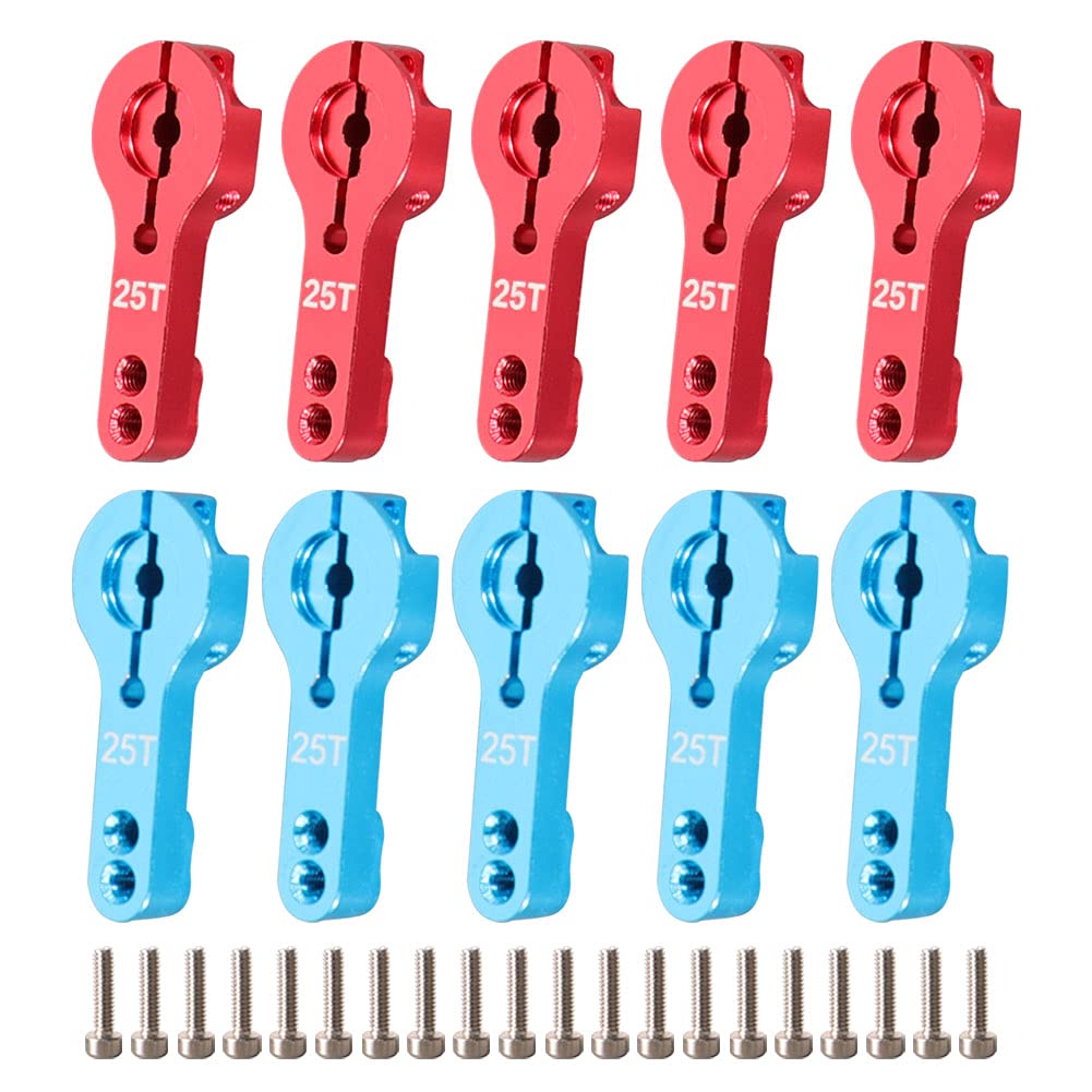 WEISHUJI 10PCS 25T Aluminum Servo Horns Arms, M3 Threads Metal Steering Arm for Futaba Savox Xcore HSP HD Power TowerPro MG servo Mostly 25T Standard Servo Motor (Blue, Red)