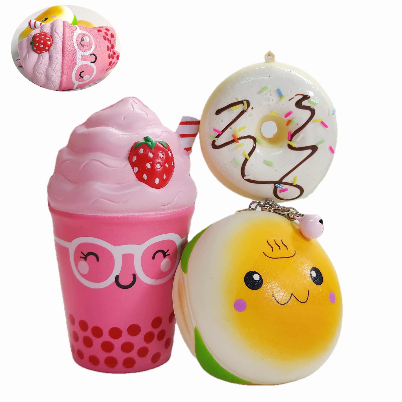 Food Squishy Toys, 3pcs Slow Rise Squishies Food Keychain Ice Cream Hamburger Donut Squishies Jumbo Slow Rising Squishy Toys Stress Relief & Inspiration Eruption Toy for Kids and Adults