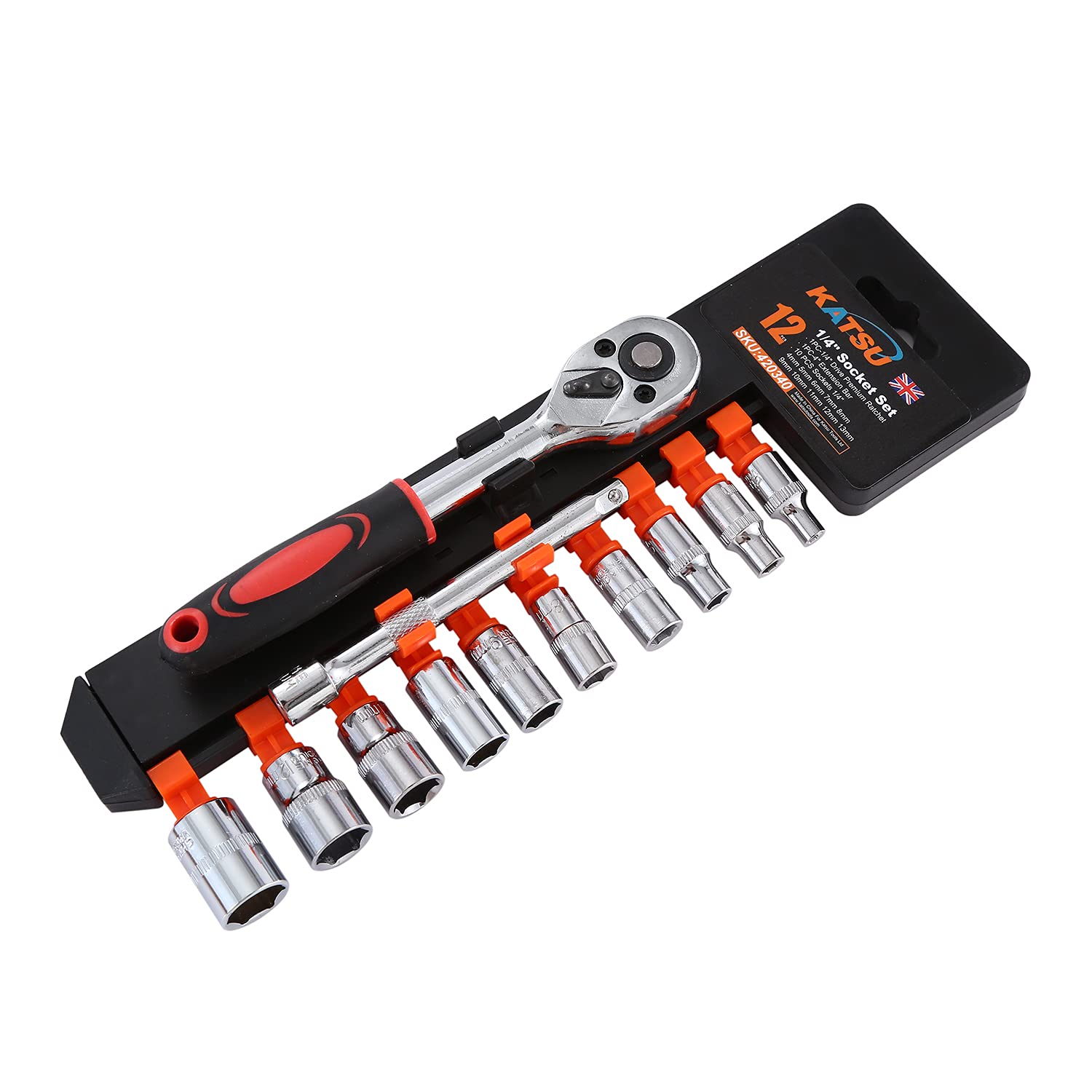 KATSU 12Pcs Metric Socket Set (4-13mm) High-Grade Cr-V Steel & 1/4" Quick Release Ratchet + Plastic Holder