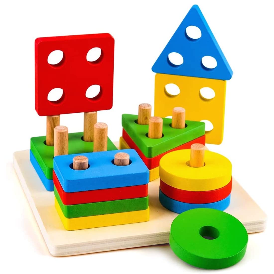 Montessori Toys for 1 to 3 Year Old Boys, Girls & Toddlers - Wooden Shape Sorter & Stacking Toys for Toddlers - Developmental, Learning & Educational Toys, Color Recognition Stacker, Baby Puzzles Gift