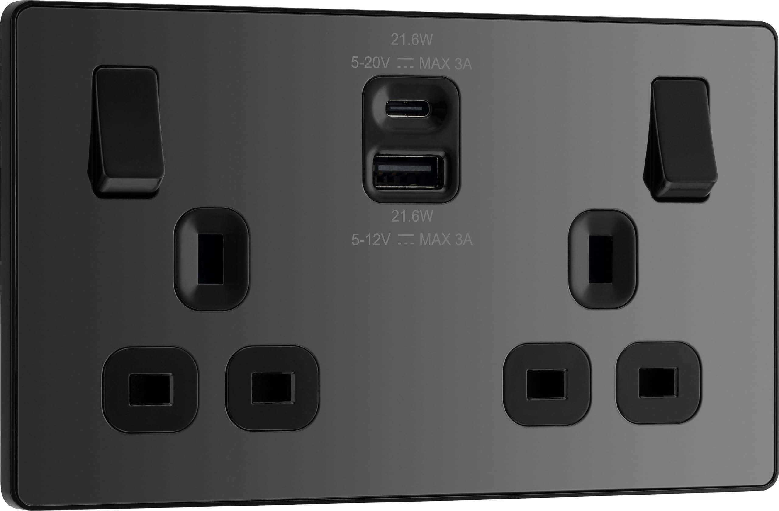 BG Evolve Black Chrome, 13A Double Switched Socket with USB A + C 22W, Black Inserts