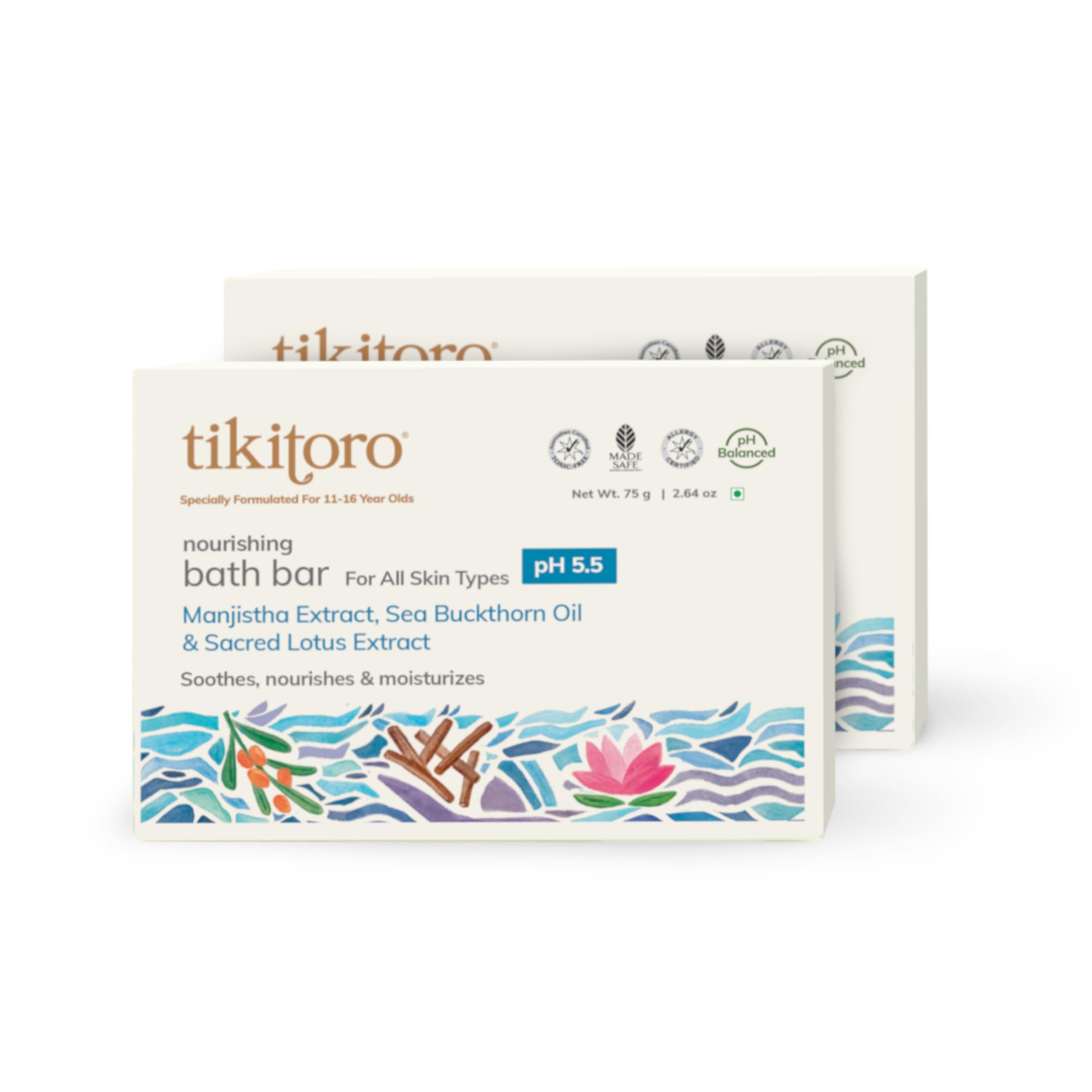 Tikitoro Teens Nourishing Bath Bar with Manijstha, Sea Buckthorn Oil and Sacred Lotus Extract, Soothes, Nourishes and Moisturizes Skin, Vegan, No Parabens & Sulphates (11-16 Years) (2 x 75g)