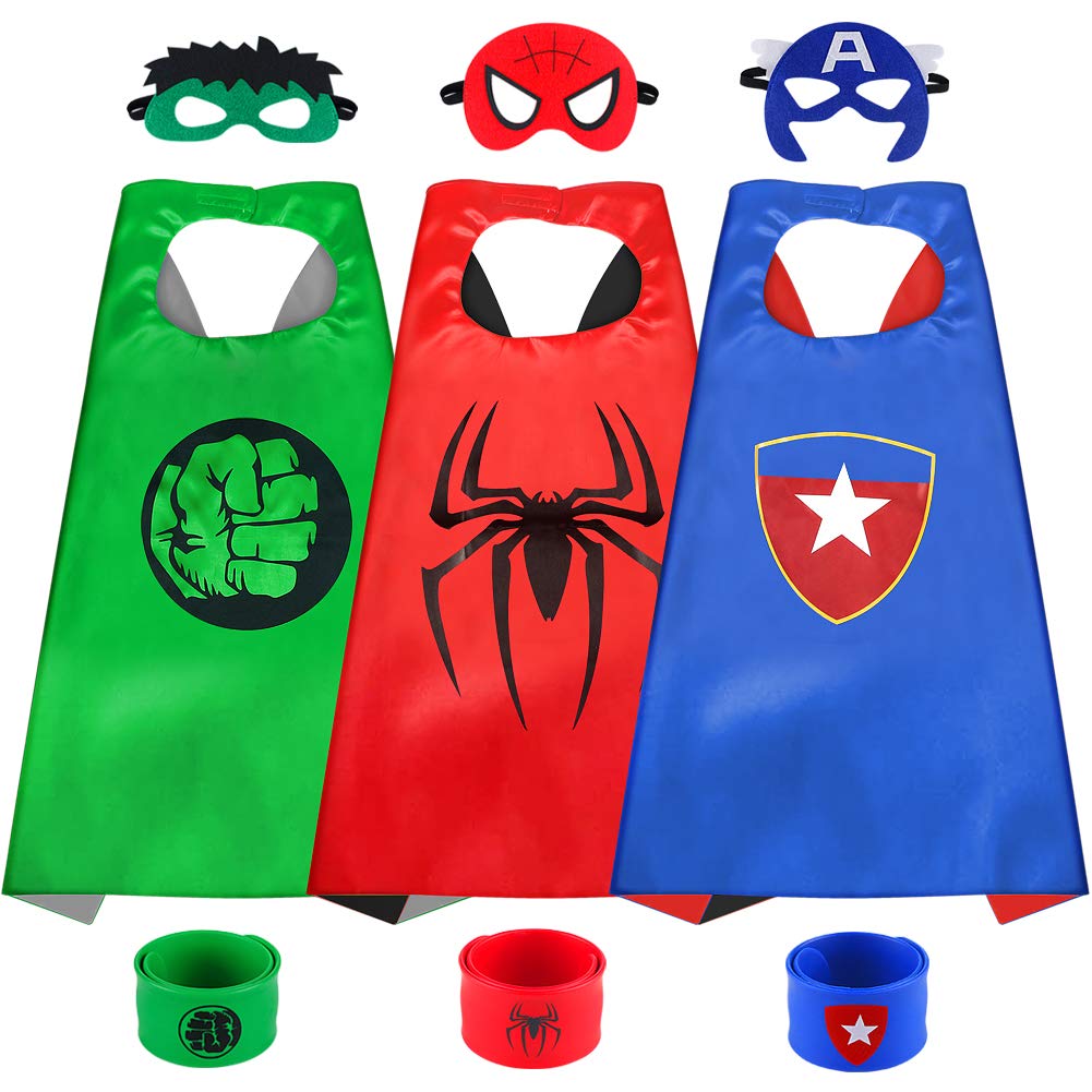 Sinoeem Cartoon Superhero Capes for Kids, 3pcs Capes & 3 Masks & 3 Clapping Bracelet Cosplay Set Children Toys Costumes Favours for Halloween Christmas Birthday Party Gifts for Boys & Girls 3-10 Years