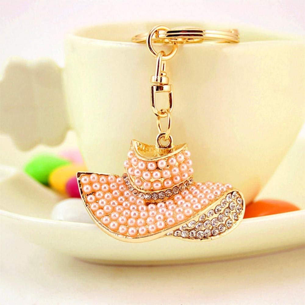 Car Key Chain Car Key Pendant Korean-Style Cute Pearl Hat Sun Hat Women Bag Accessories Metal Pendant Small Gift Key Fob