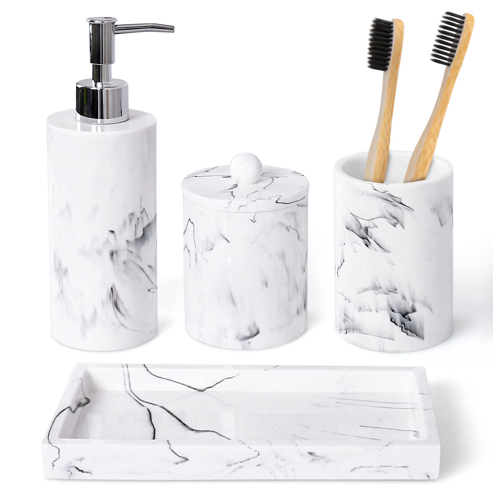 Haturi Bathroom Accessory Set, 4 Pcs Marble Look Bathroom Accessories Sets Complete With Soap Dispenser, Toothbrush Holder, Apothecary Jar, Tray, Home Apartment Modern Bathroom Decor Vanity Countertop