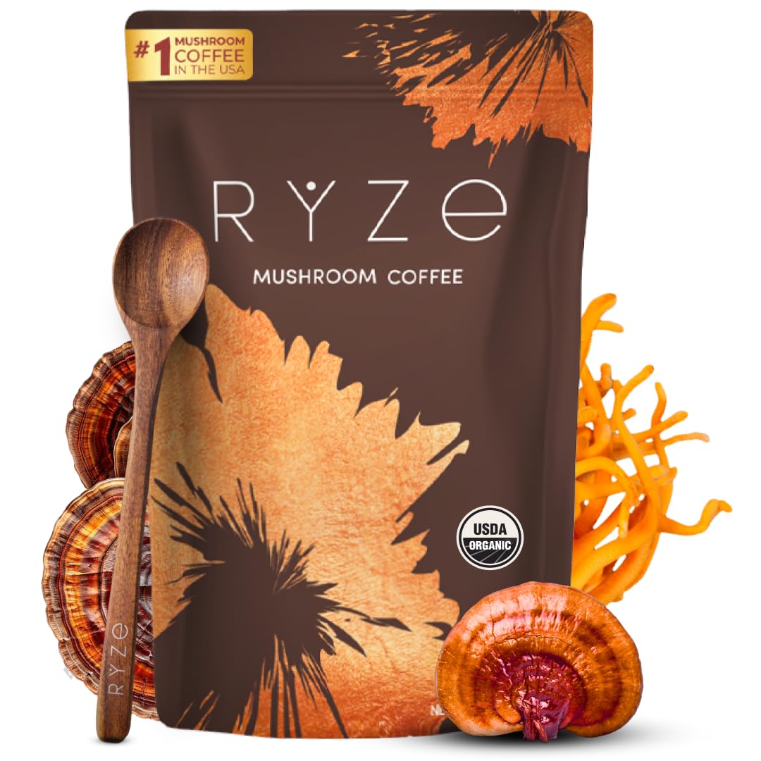 RYZE Mushroom Coffee | 6 Adaptogenic Mushrooms | USDA Organic | Instant Coffee | MCT Oil | USA Grown | Better Energy, Focus, Digestion, Immunity | Cordyceps, Lion’s Mane, Turkey Tail | 30 servings