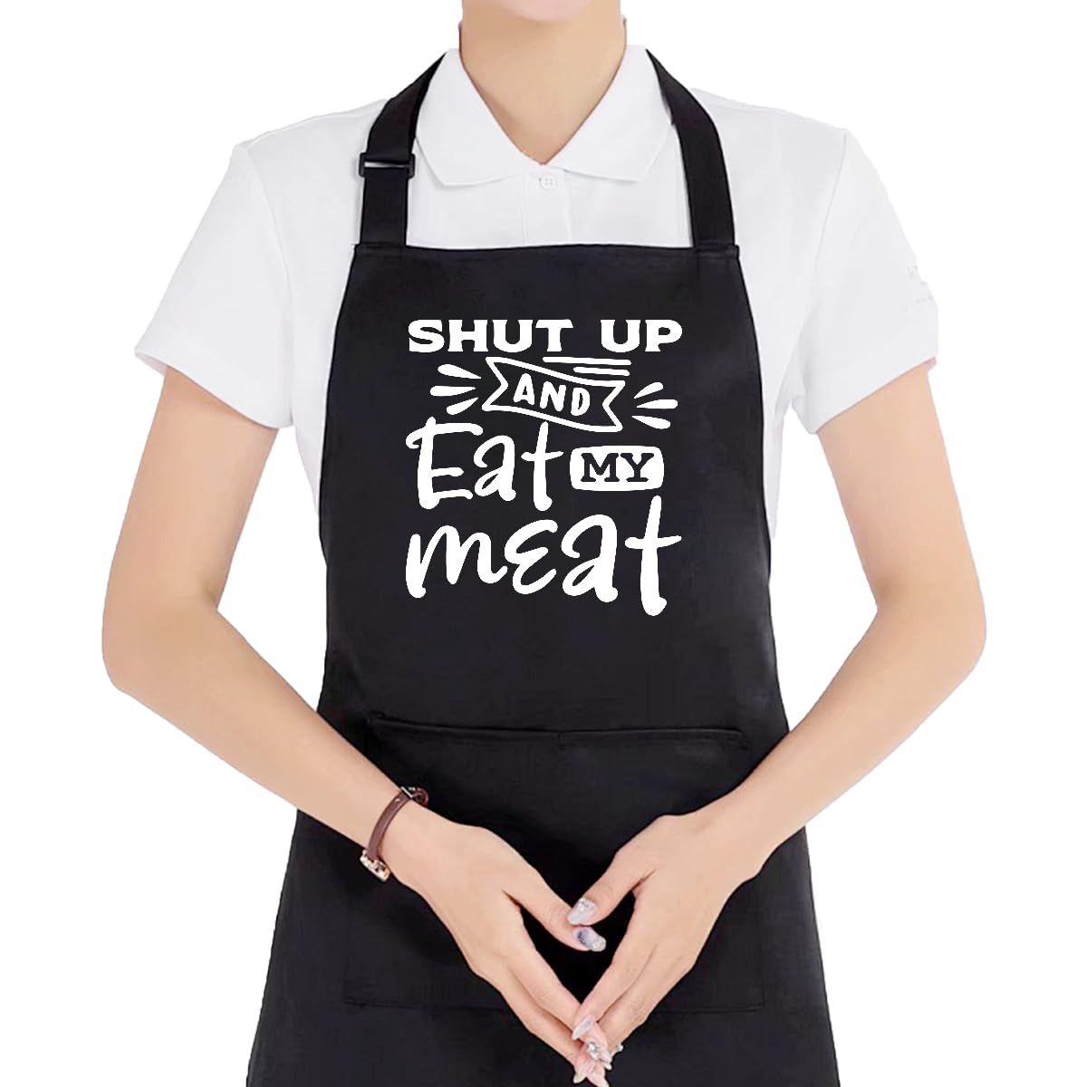 Funny BBQ Grilling Aprons for Men with 2 Pockets - Shut Up and Eat My Meat, Waterproof Adjustable Bib Apron for Grilling Grill BBQ Cooking Kitchen Dishwashing, Black