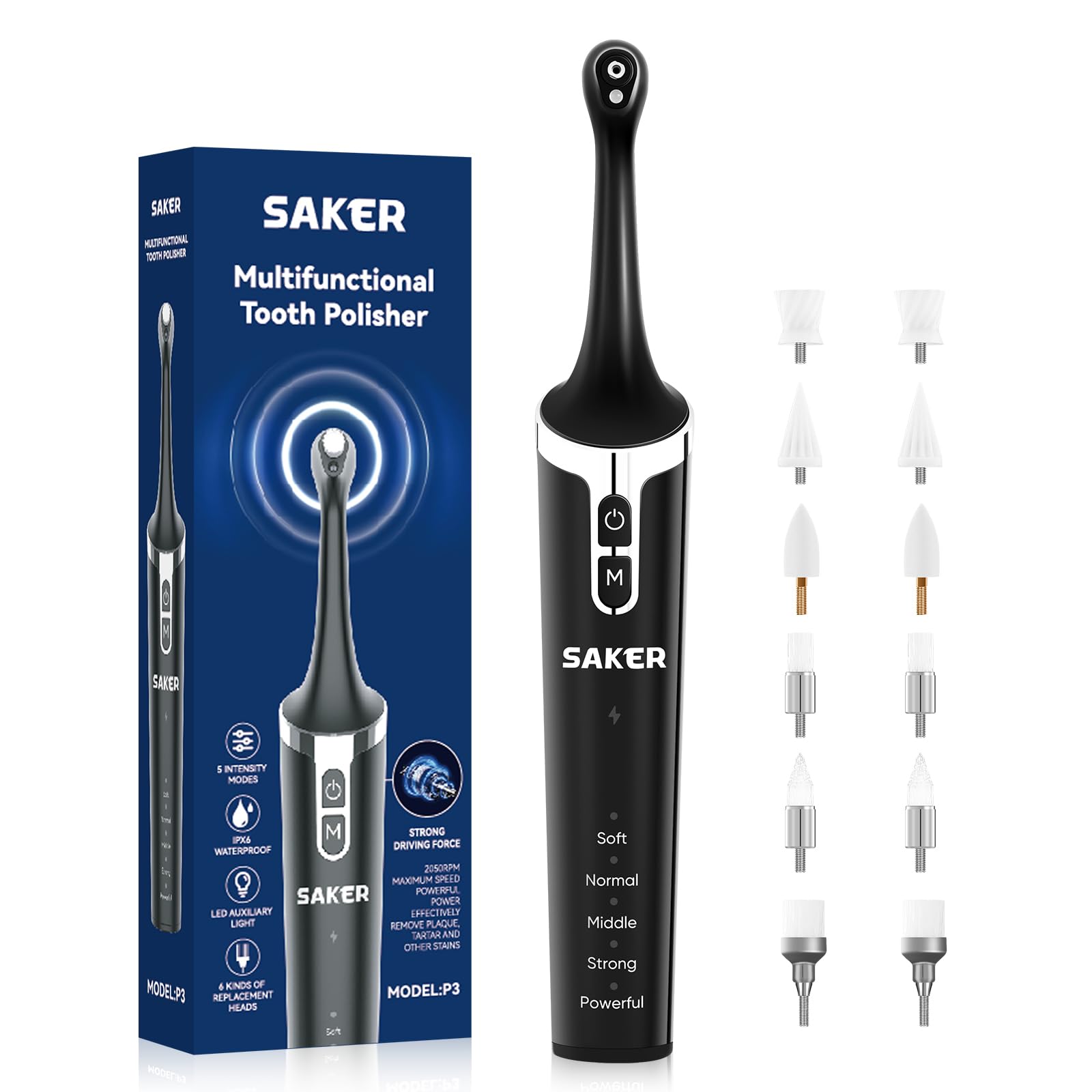 Saker Tooth Polisher, 2 Set Replacement Polishing Brush Heads(12pcs) Included, Rechargeable Tooth Polishing Kit, Dental Teeth Polisher with LED Light, 5 Speed Modes, Waterproof