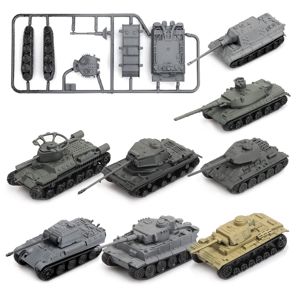 ViiKONDO Toy Tank Model Kit Military Vehicle 1/144 Scale 8pcs WWII German Tiger Heavy Tank Panther Medium Soviet T34/85 French AMX-30 Assembly Army Wargame Gift for Men