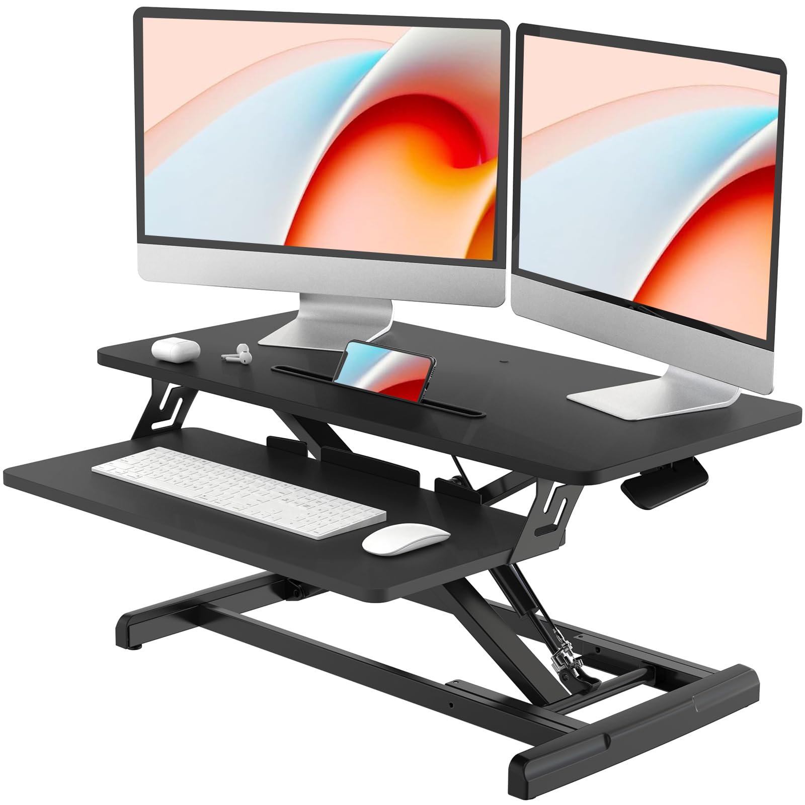 JOY worker Standing Desk Converter, 32" Wide Height Adjustable Sit Stand Up Desk Riser with Keyboard Tray, Desktop Workstation Riser for Home Office Computer Laptop, Particle Board, Black