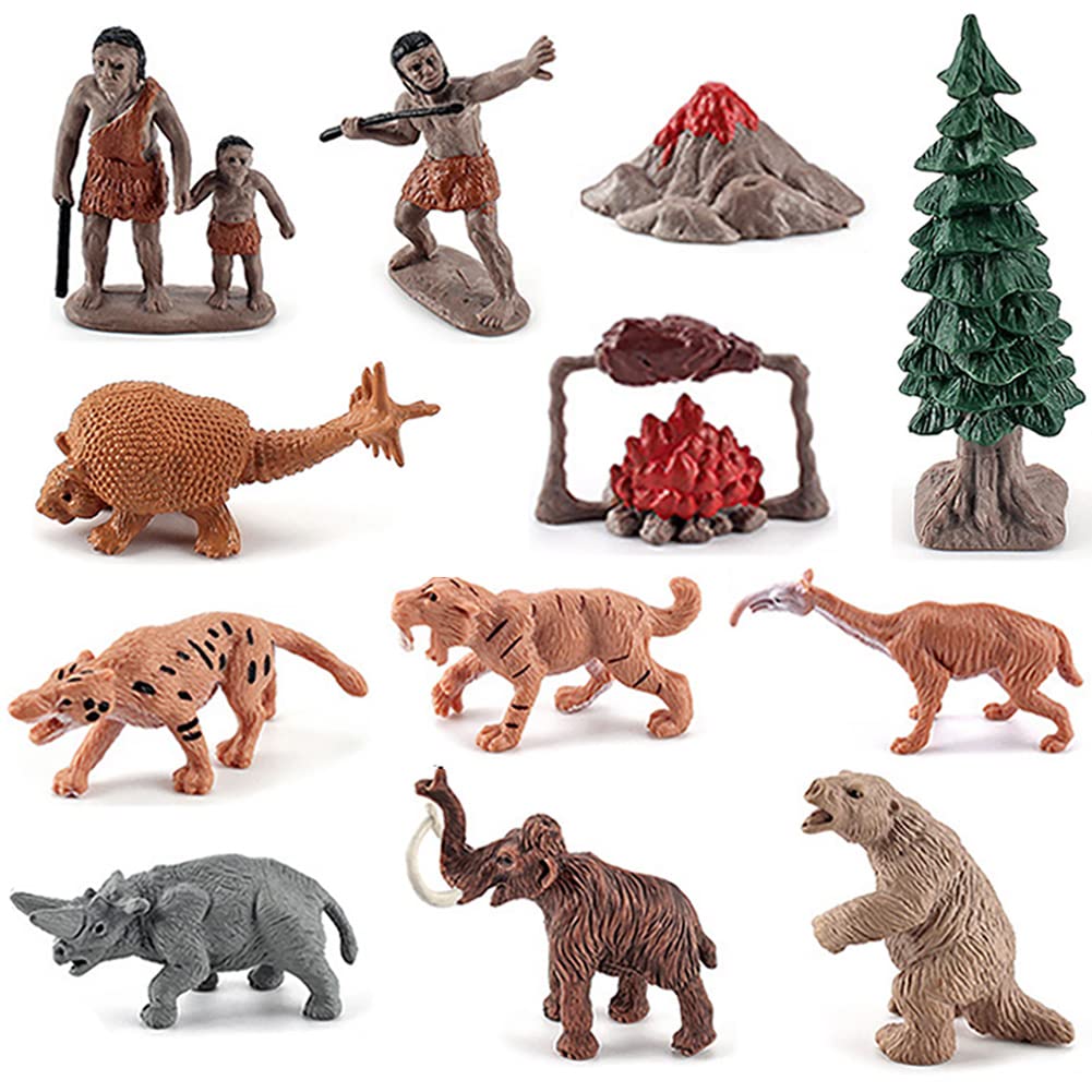 Realistic Prehistoric Animal and Primitive Figurines Moodel Toy 12 Pcs Ancient Smilodon Mammoth Human Figures Collection Playset Educational Toy Christmas Birthday Gift