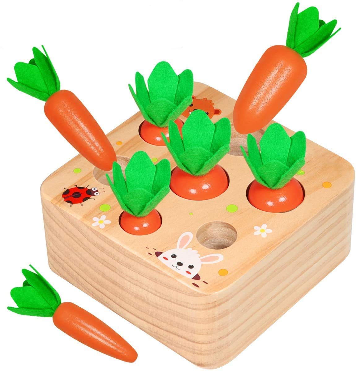 NNY Wooden Toys for 1 2 3 Year Old Boys and Girls Montessori Shape Size Sorting Puzzle Carrots Harvest Developmental Preschool Learning Gifts for Fine Motor Skill (Carrots Harvest)