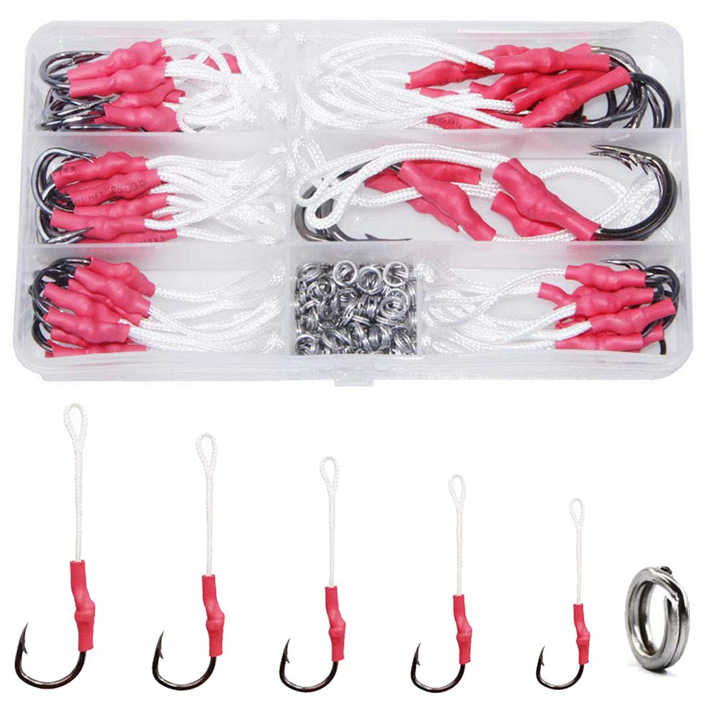 Fishing Assist Hooks with PE Line for Jigging - 30pcs Saltwater Jig Fishing Hooks Jigging Assist Hooks Vertical Butterfly Jig Hooks Slow Pitch Jig Hooks Braid Assist Cords