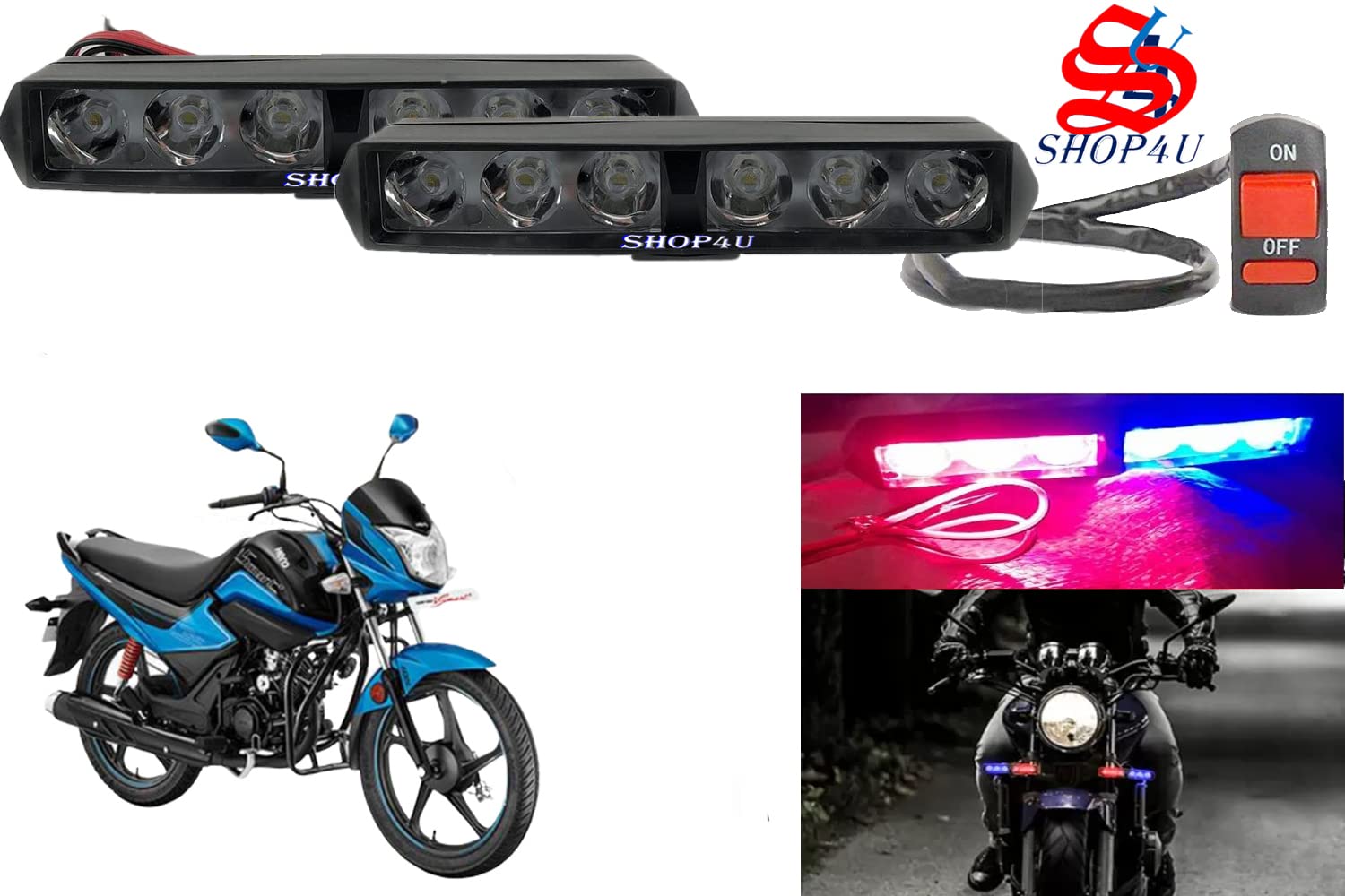 SHOP4U 6 LED Red Blue Flasher Warning Police Strobe LED Light for Hero Splendor I Smart BS6