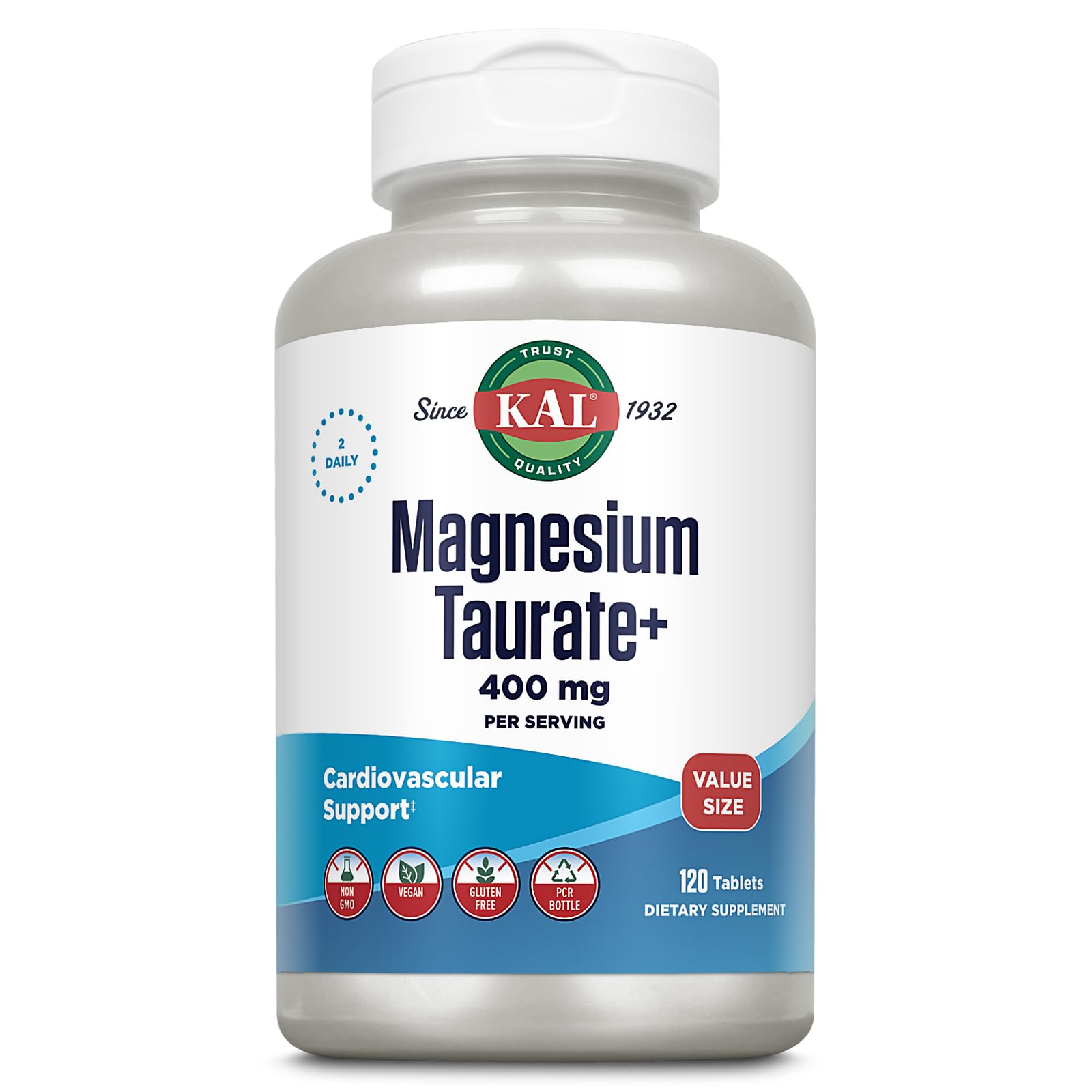 KAL Magnesium Taurate Plus 400mg with Coenzyme B6, Chelated | Nerve, Muscle & Heart Health Support (120 CT)