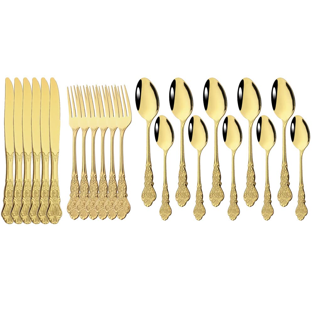 JASHII Retro Palace Coffee Spoon Flatware Unique Stainless Steel flatware for 6 Shiny Cutlery Tableware set for Kitchen Dining Bar Dishwasher Safe (Shiny Gold)