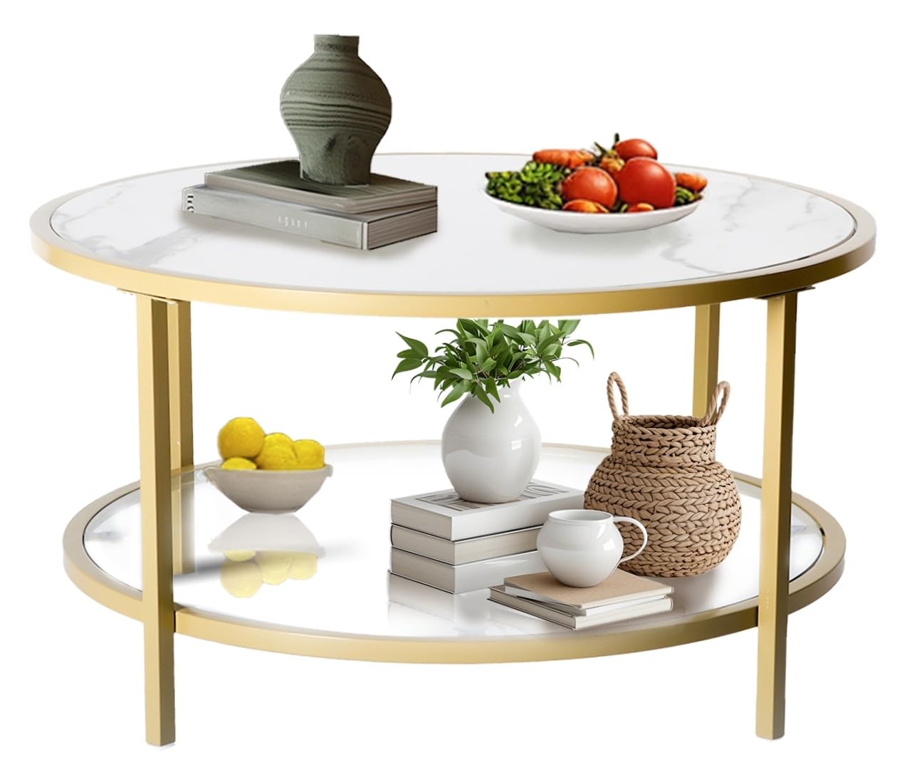 FurnitureRCoffee Table Round 31 Inch, 2-Tier Circle Center Table with Faux Marble Top and Glass Storage Shelf for Living Room, Marble White Tabletop and Gold Frame