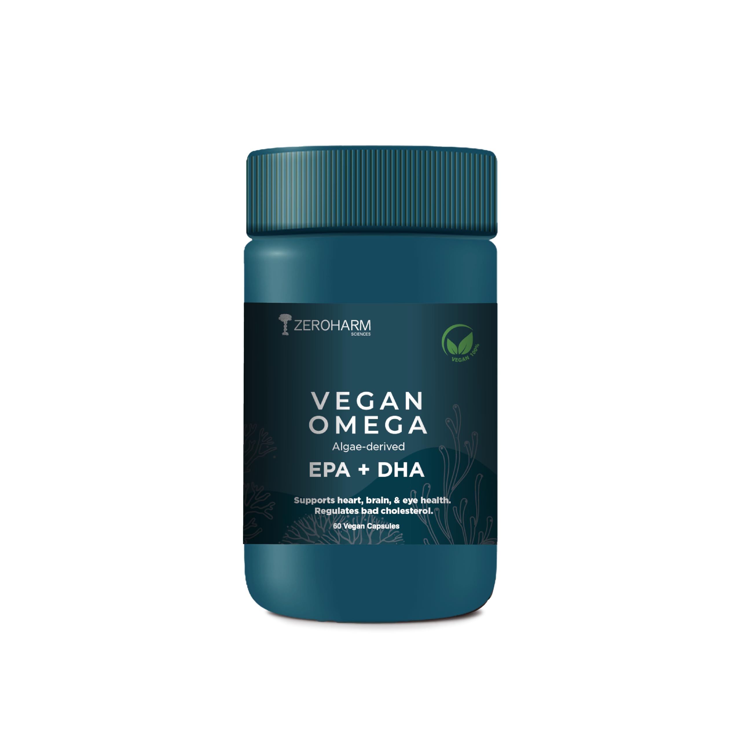 ZEROHARM Vegan Omega (EPA+DHA) | Supplement for men, women, and kids | Better health for the eyes, skin, muscles, bones, and joints | Sourced from algae | 60 Caps