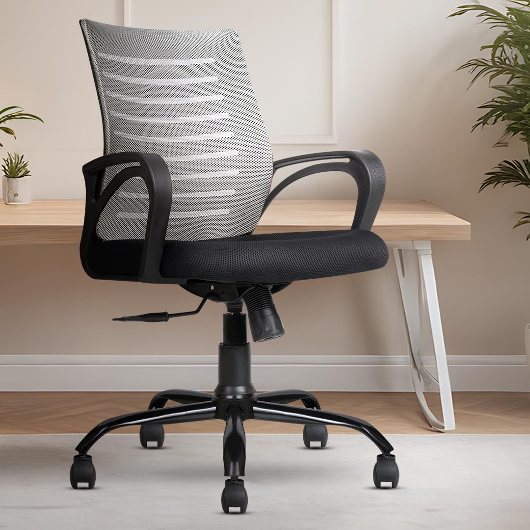 INNOWIN Mini Jazz Mesh Mid-Back Ergonomic Home Office Chair | 3-Years Limited Warranty Included | Tilting & Height Adjustable Mechanism, Heavy Duty Metal Base | Ideal for Office Work & Study (Grey)